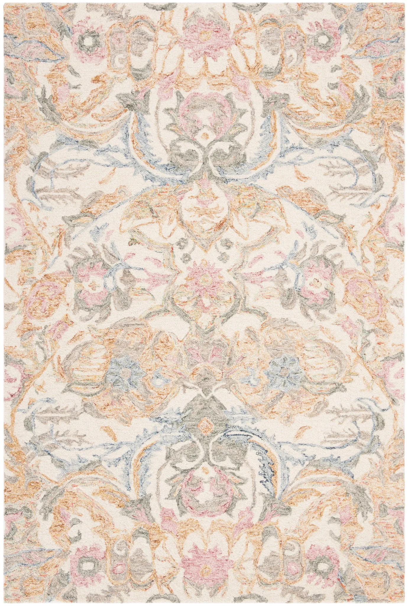 Micro-Loop Botanical Border Hand-Tufted Wool Rug in Ivory / Blue