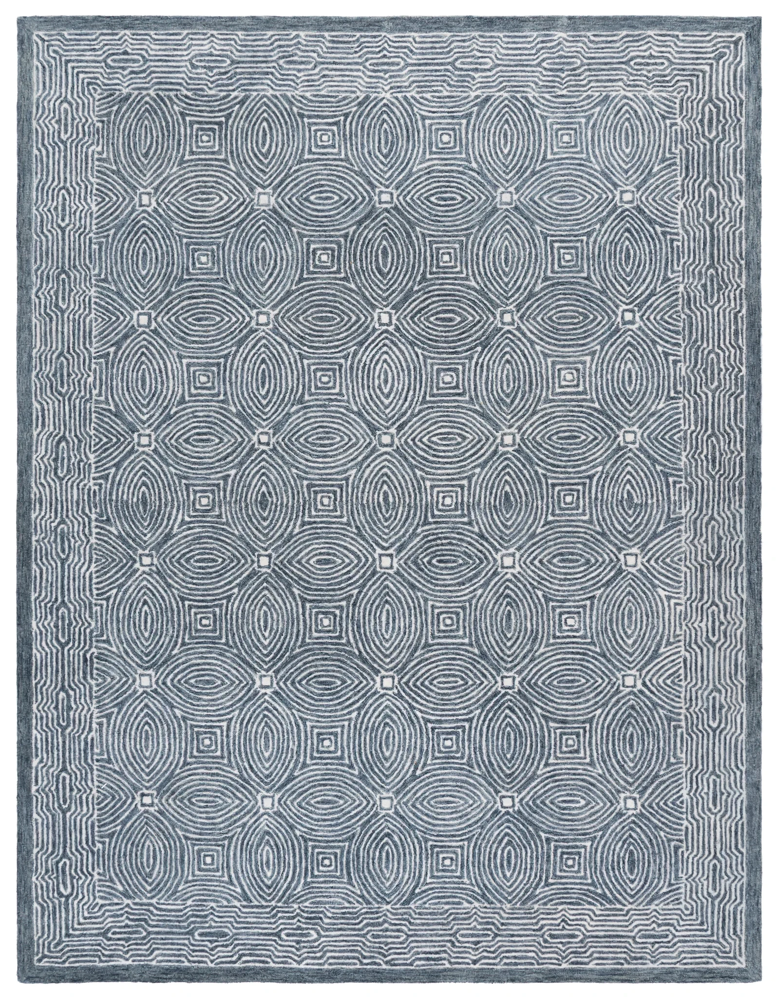 Micro-Loop Concentric Oval Hand-Tufted Wool Rug in Navy / Ivory