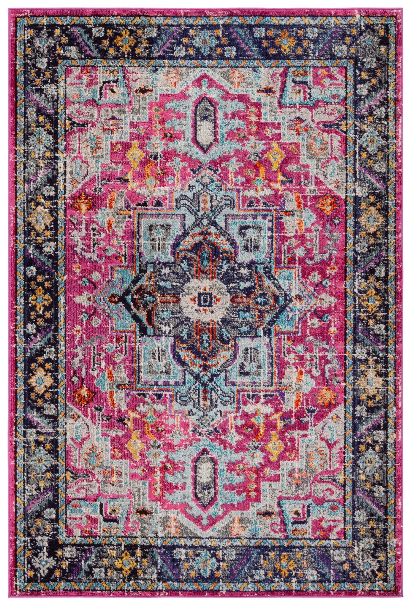 Monaco Square Medallion Bordered Rug in Fuchsia / Gray
