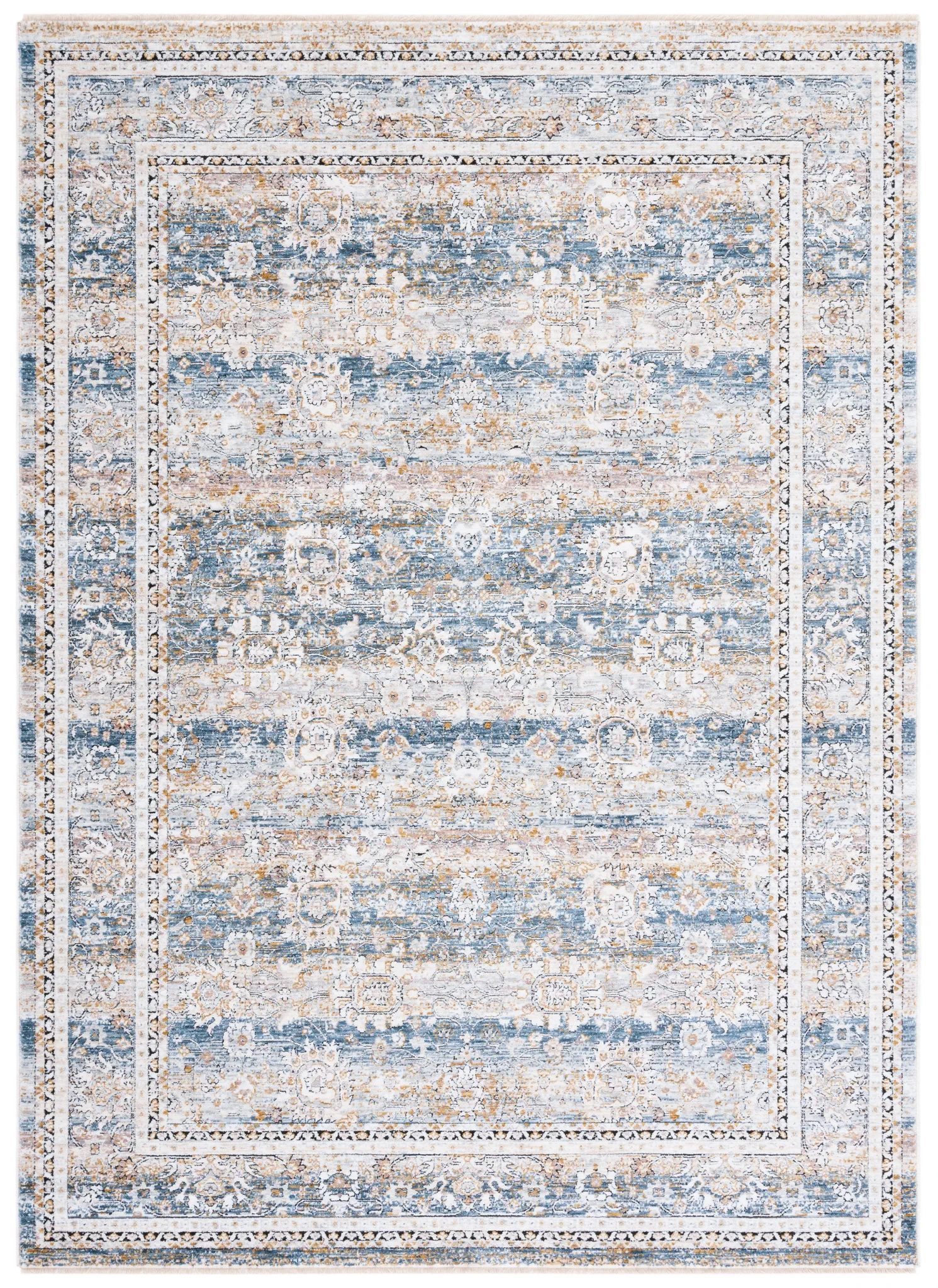 Moondust Distressed Banded Floral Rug in Blue / Gray