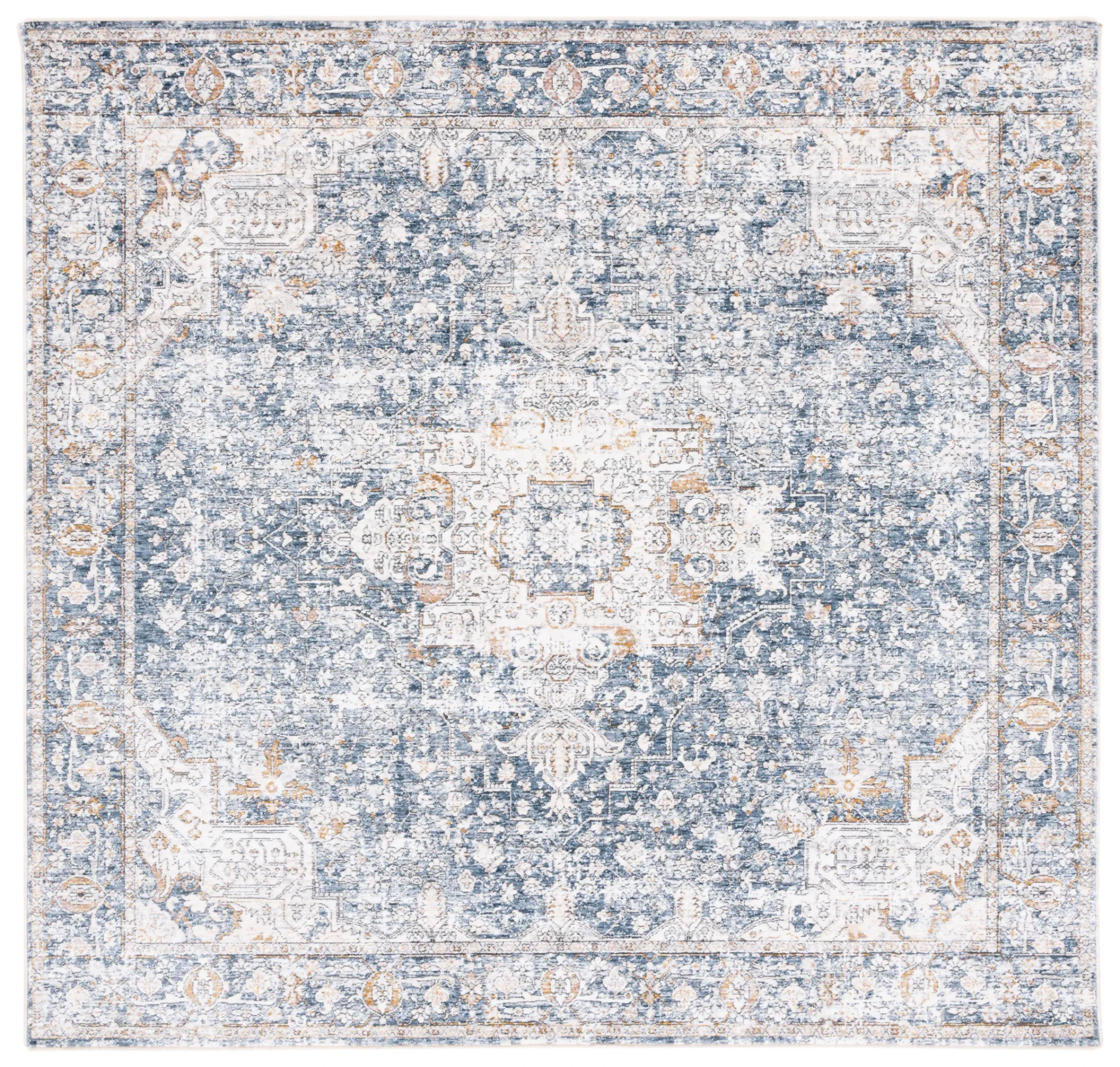 Moondust Distressed Traditional Medallion Rug in Ivory / Blue