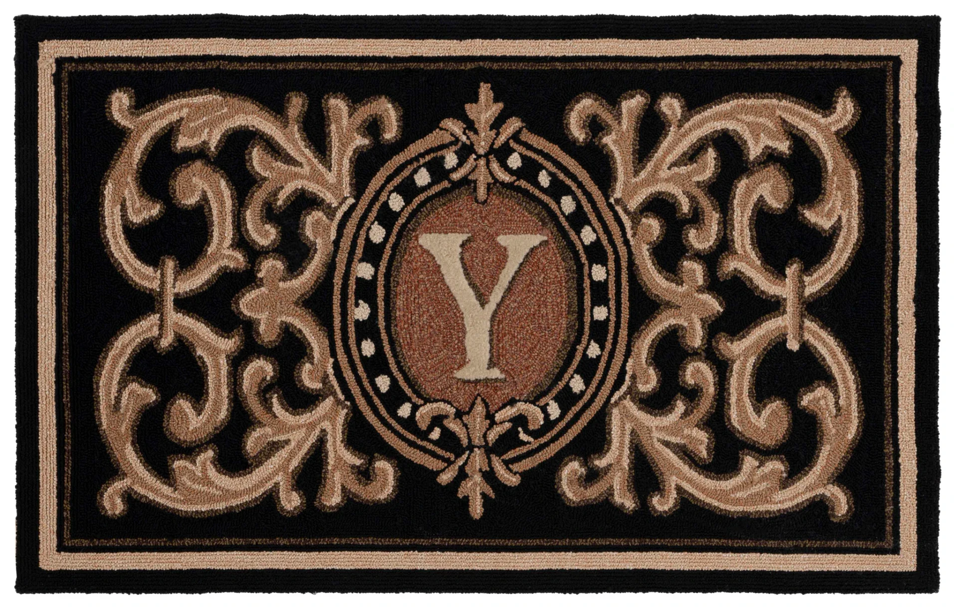 Monogram Berkeley Scrollwork Hand-Hooked Outdoor Rug in Black