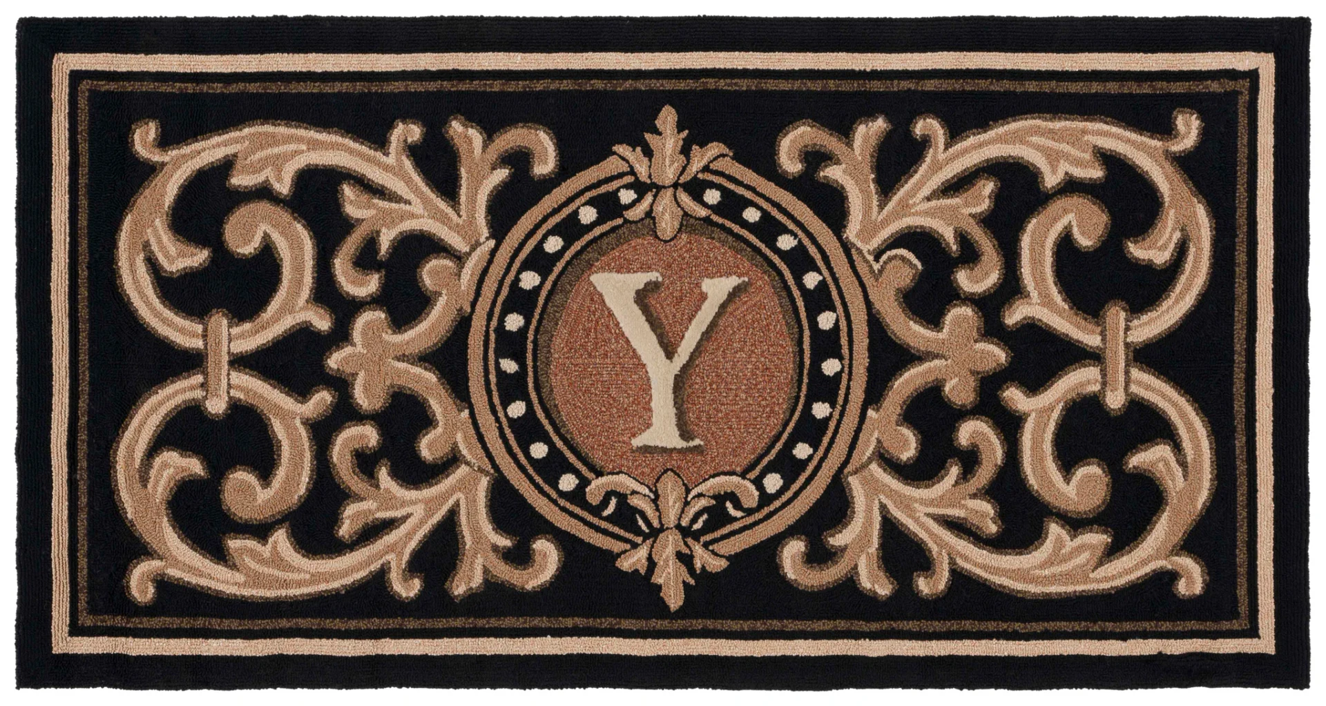 Monogram Berkeley Scrollwork Hand-Hooked Outdoor Rug in Black
