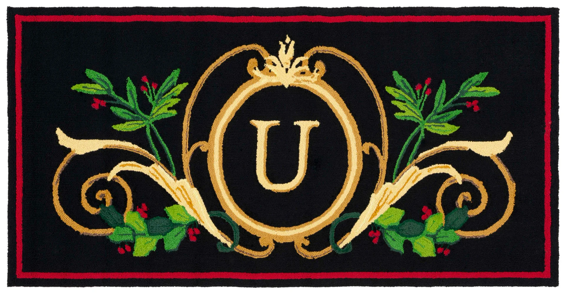 Monogram Crest Hand-Hooked Outdoor Rug in Black / Multicolor