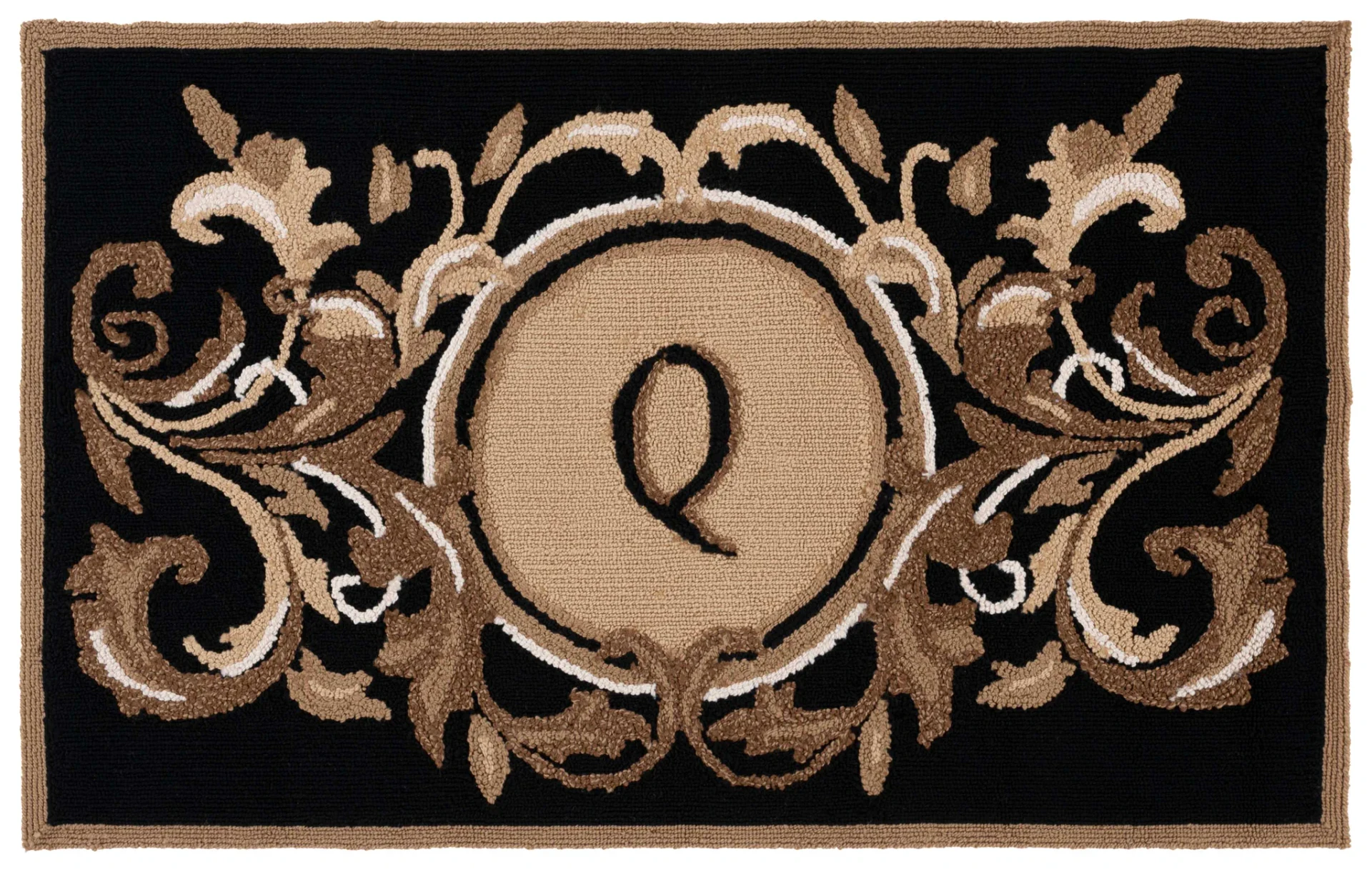 Monogram Leafy Initial Hand-Hooked Outdoor Rug in Black / Brown