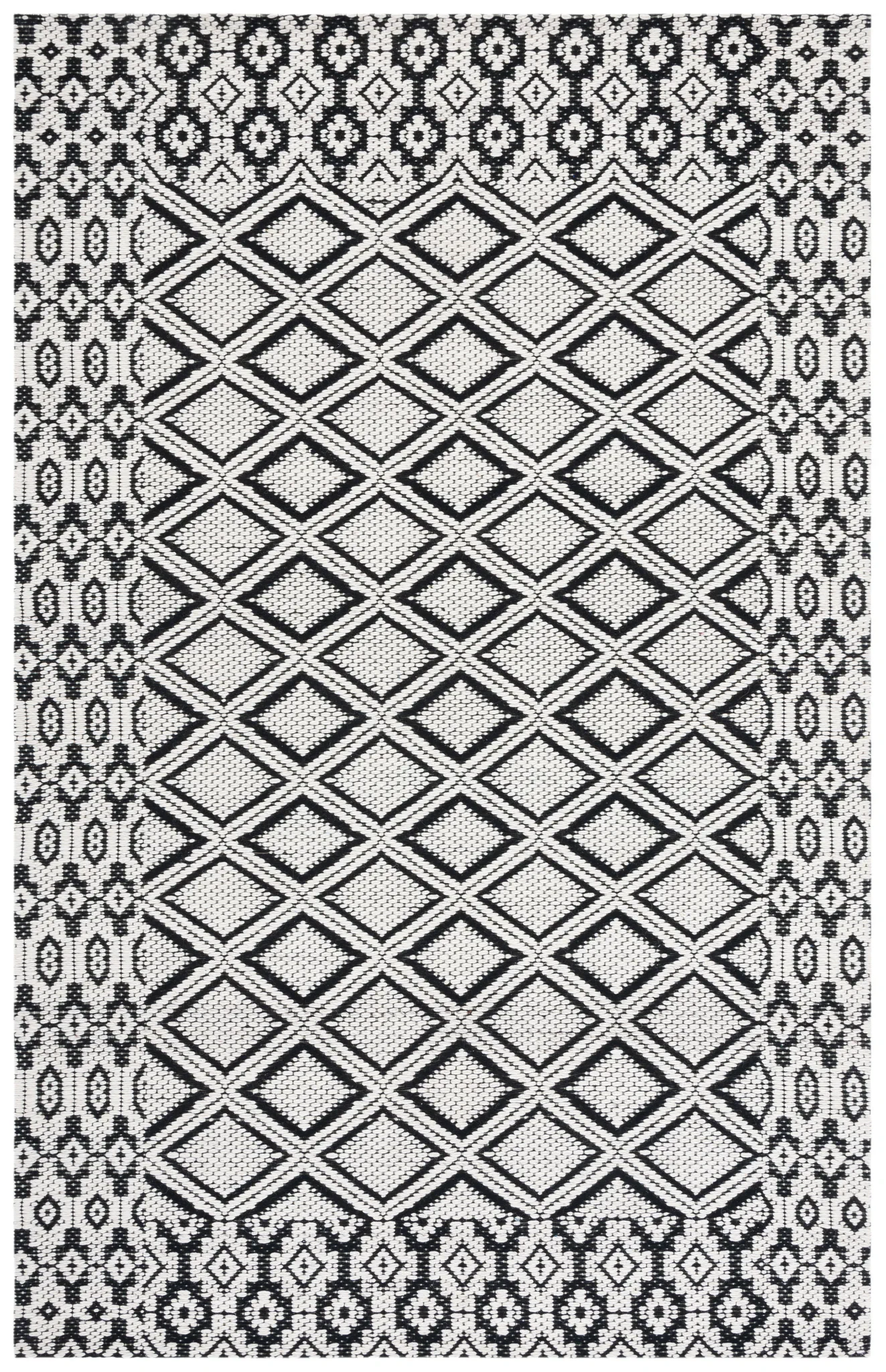 Marbella Diamond Border Hand-Woven Wool Rug in Ivory / Black