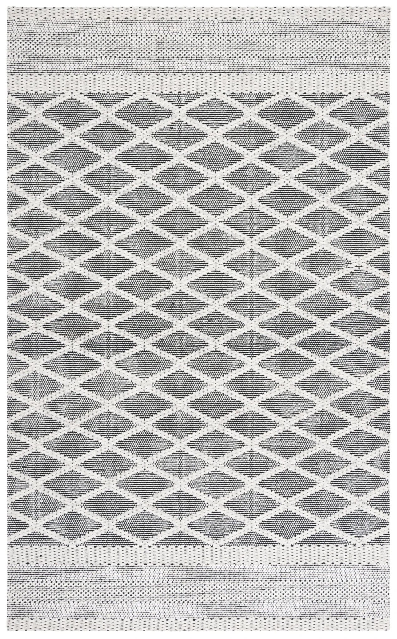 Marbella Banded Diamond Lattice Hand-Woven Wool Rug in Ivory / Black