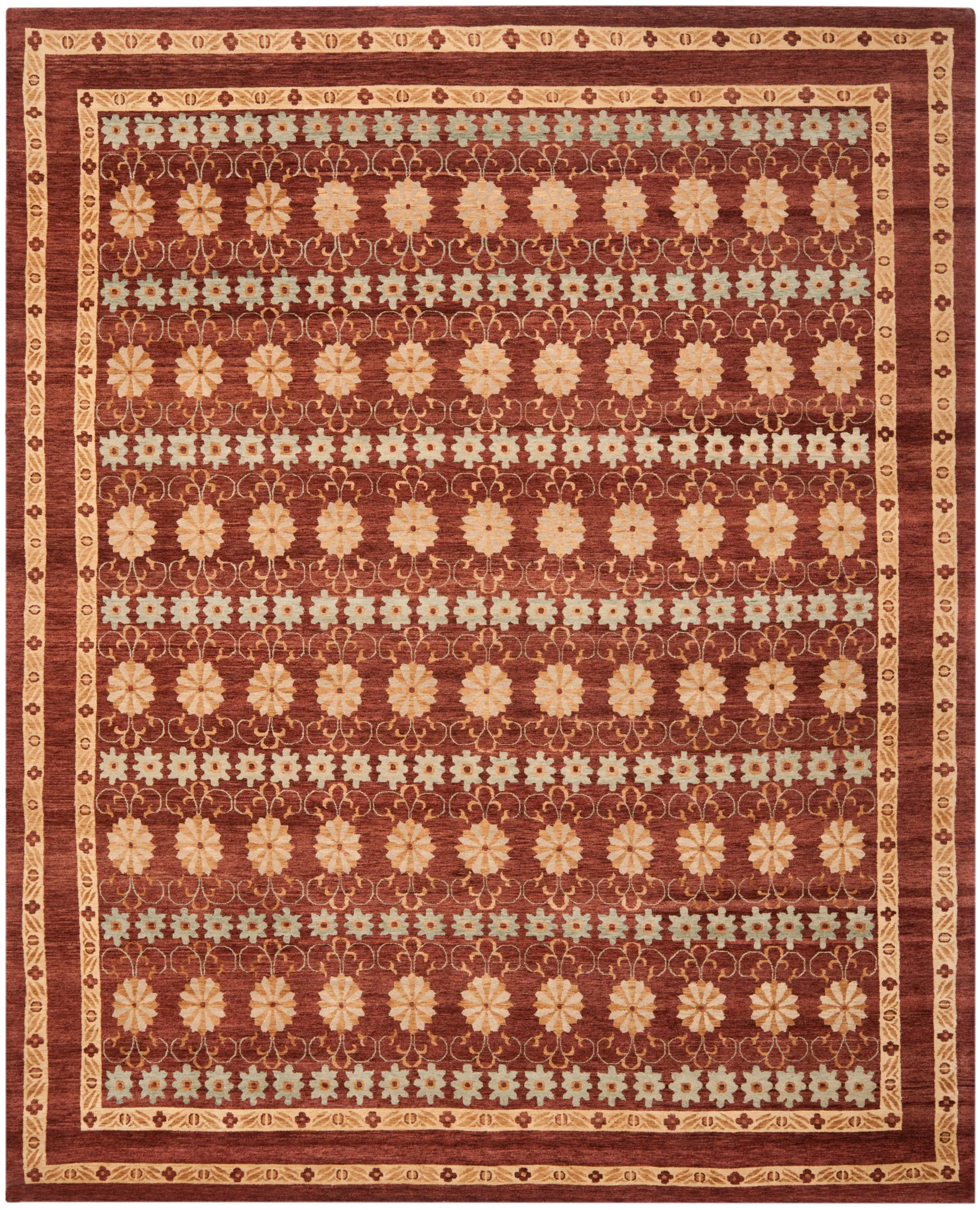 Marrakesh Banded Floral Hand-Knotted Wool Rug in Brown / Light Blue