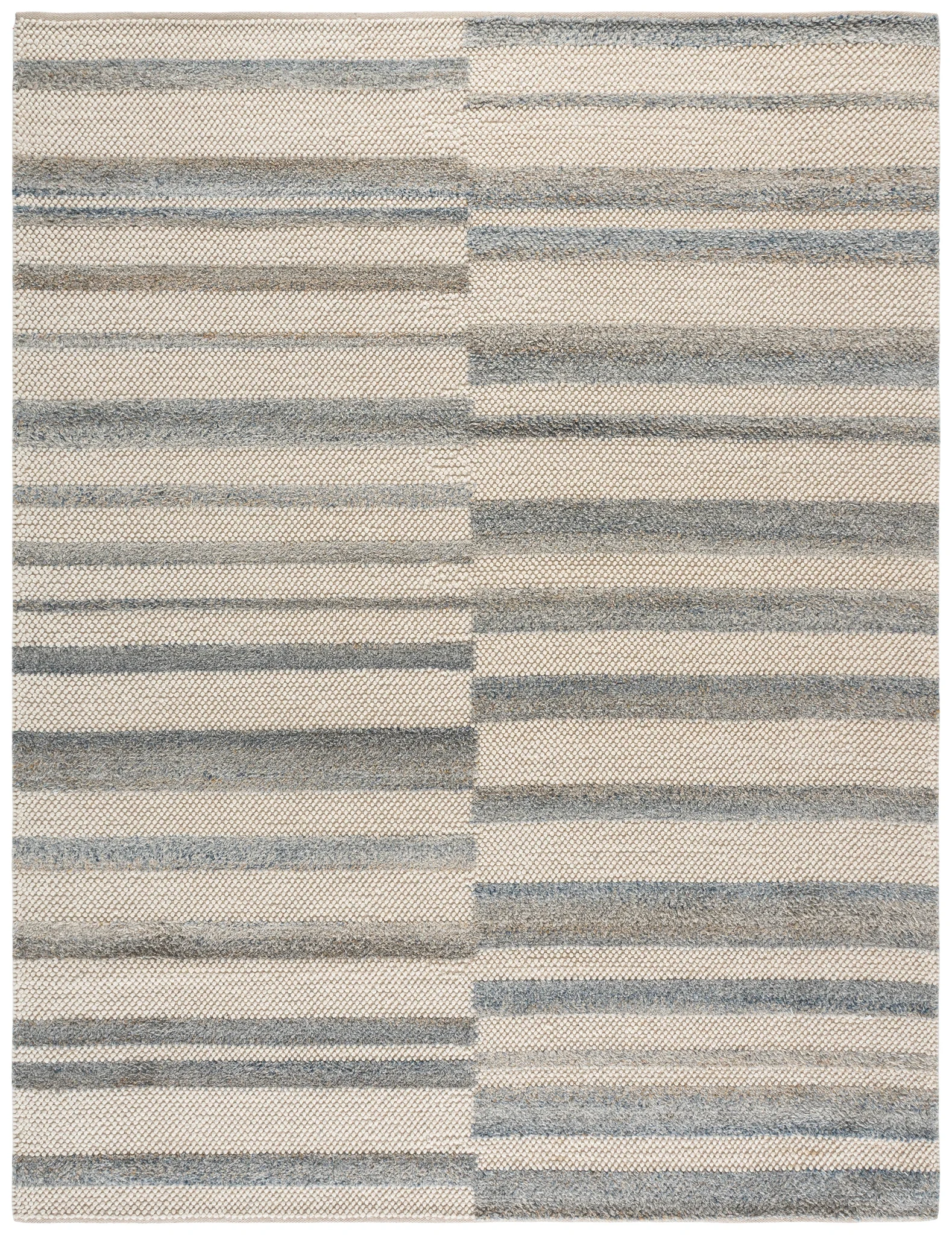 Natura Staggered Stripe Hand-Loomed Wool Blend Rug in Blue / Ivory