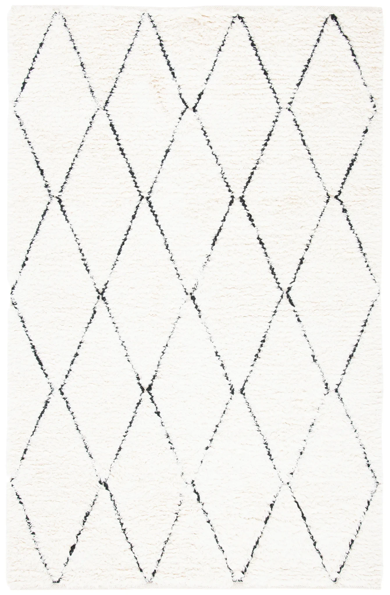 Natura Diamond Trellis Hand-Woven Shag Wool Rug in Ivory / Black