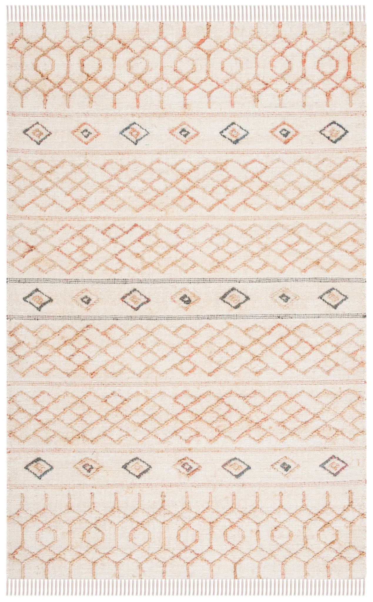 Natural Fiber Diamond Banded Hand-Loomed Jute Rug in Natural / Ivory
