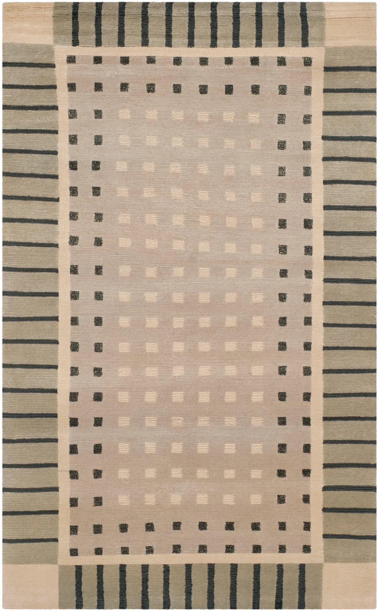 Nepalese Framed Grid Hand-Knotted Wool Rug in Beige