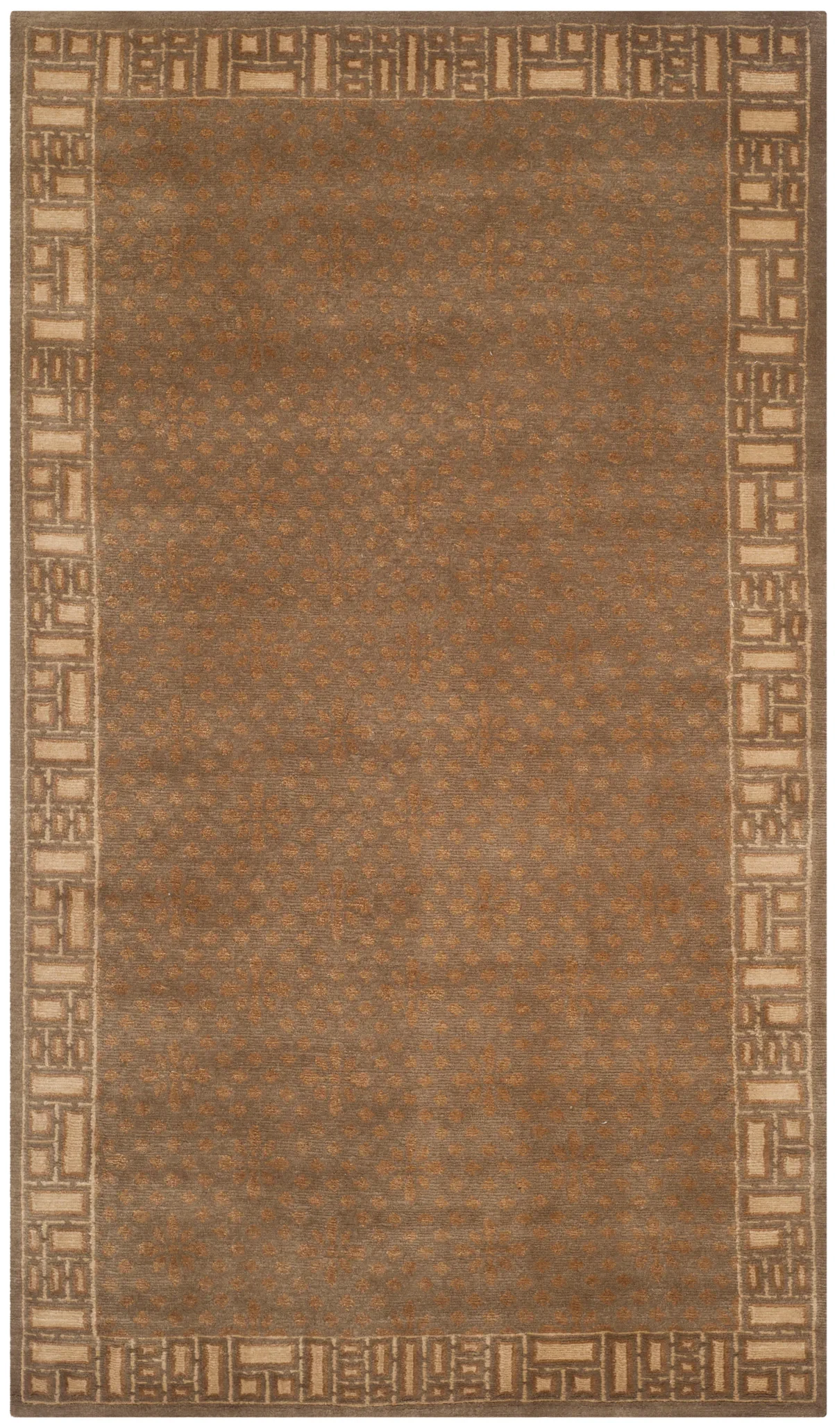 Nepalese Repeating Floral Bordered Hand-Knotted Rug in Green / Ivory