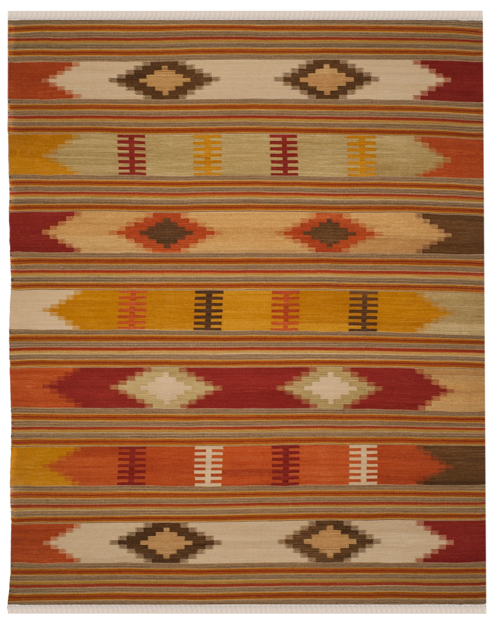 Kilim Striped Diamond Hand-Woven Wool Rug in Red / Multicolor