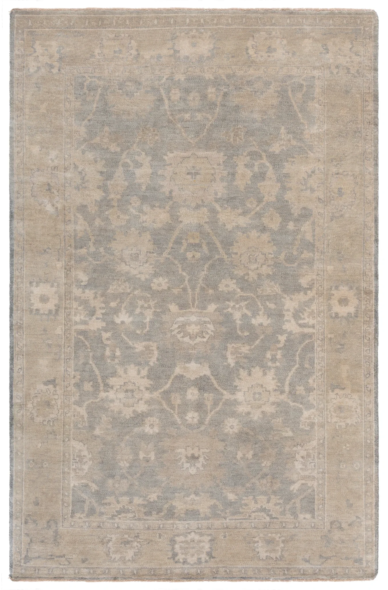 Oushak Faded Floral Bordered Hand-Knotted Wool Rug in Light Gray / Beige