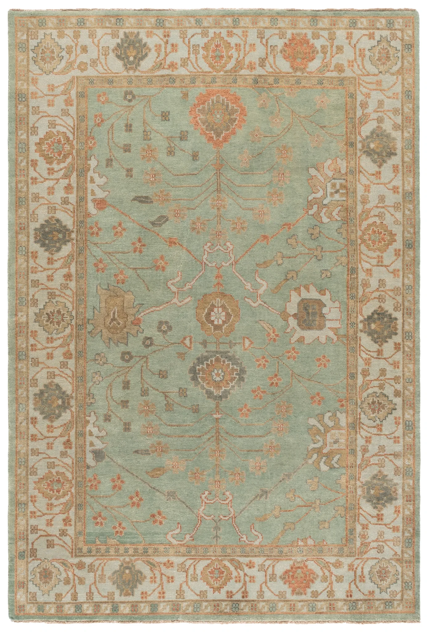 Oushak Faded Vine Hand-Knotted Wool Rug in Dark Green / Light Green