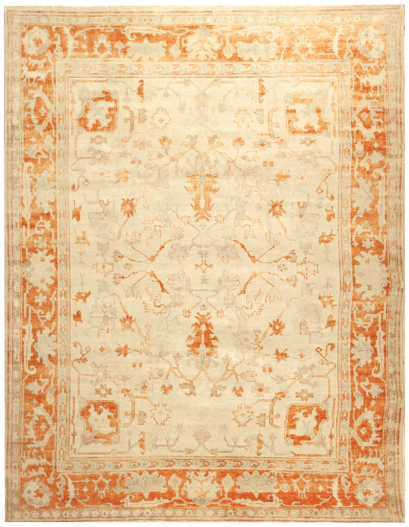 Oushak Bordered Floral Hand-Knotted Wool Rug in Ivory / Rust