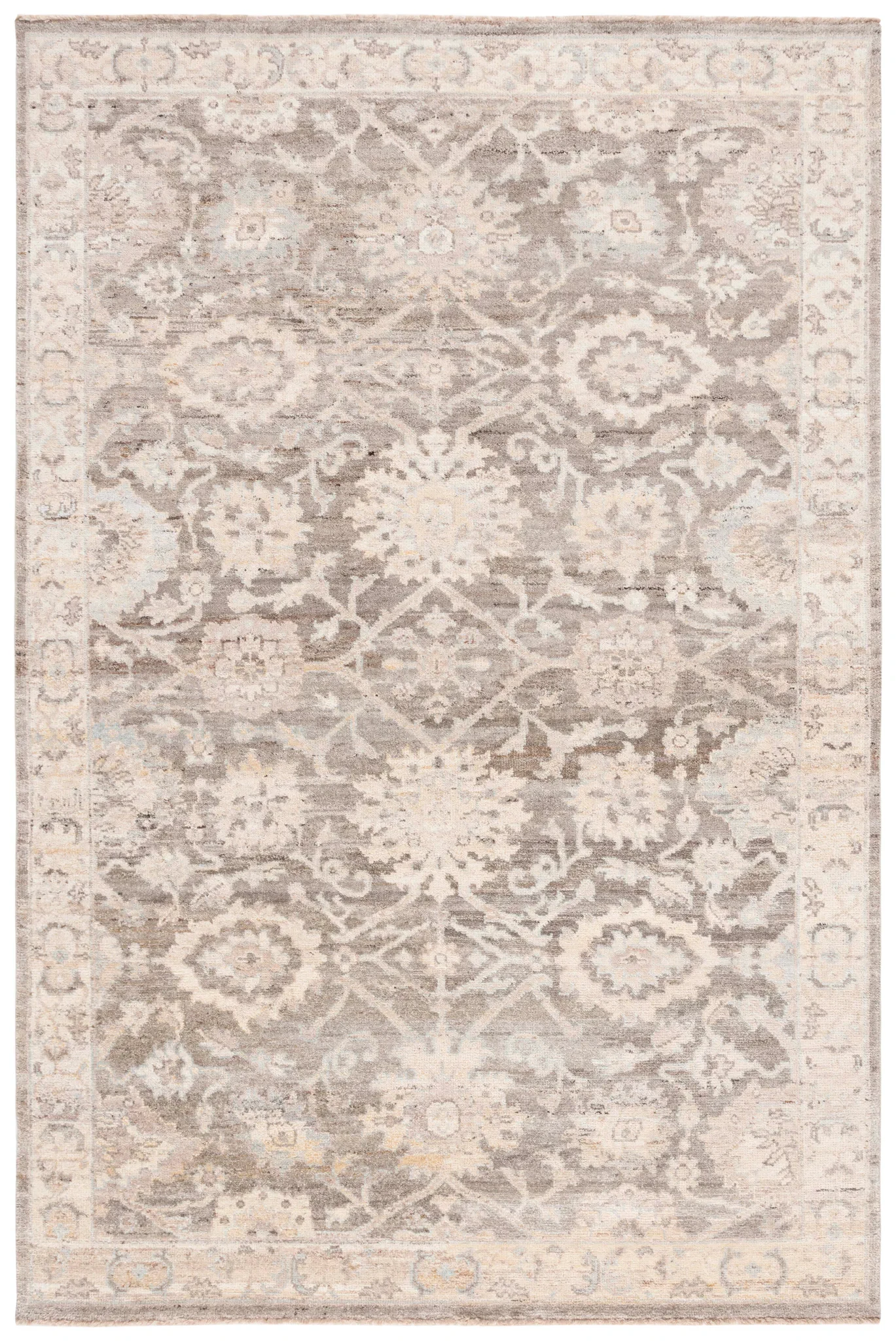 Oushak Allover Floral Vine Hand-Knotted Wool Rug in Gray / Ivory