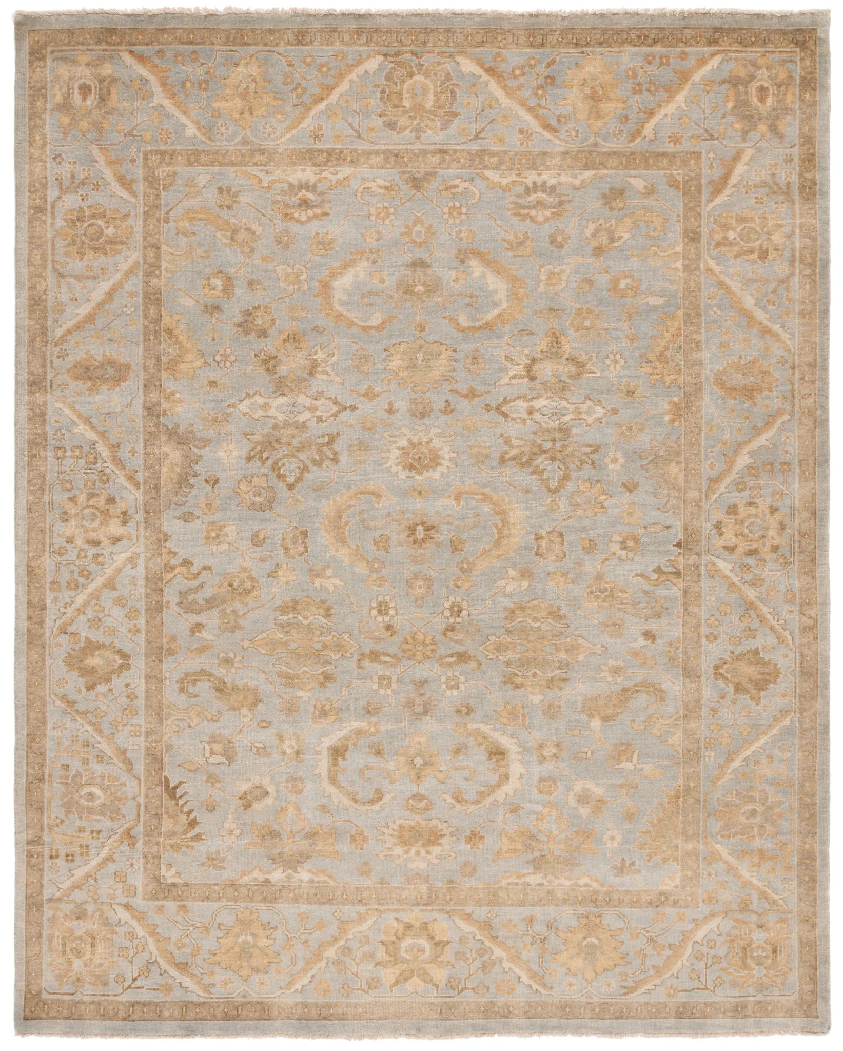 Oushak Palmette Floral Hand-Knotted Wool Rug in Light Blue