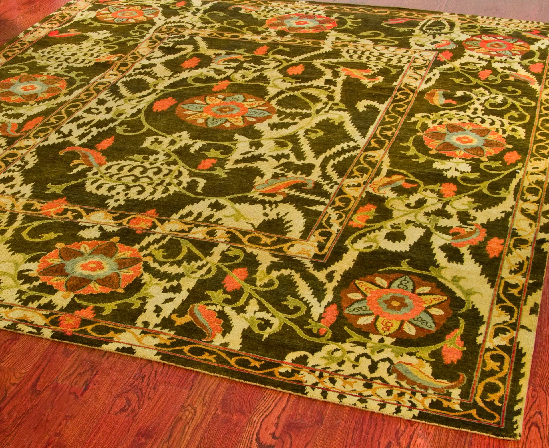 Oushak Bohemian Botanical Hand-Knotted Wool Rug in Dark Brown / Multicolor