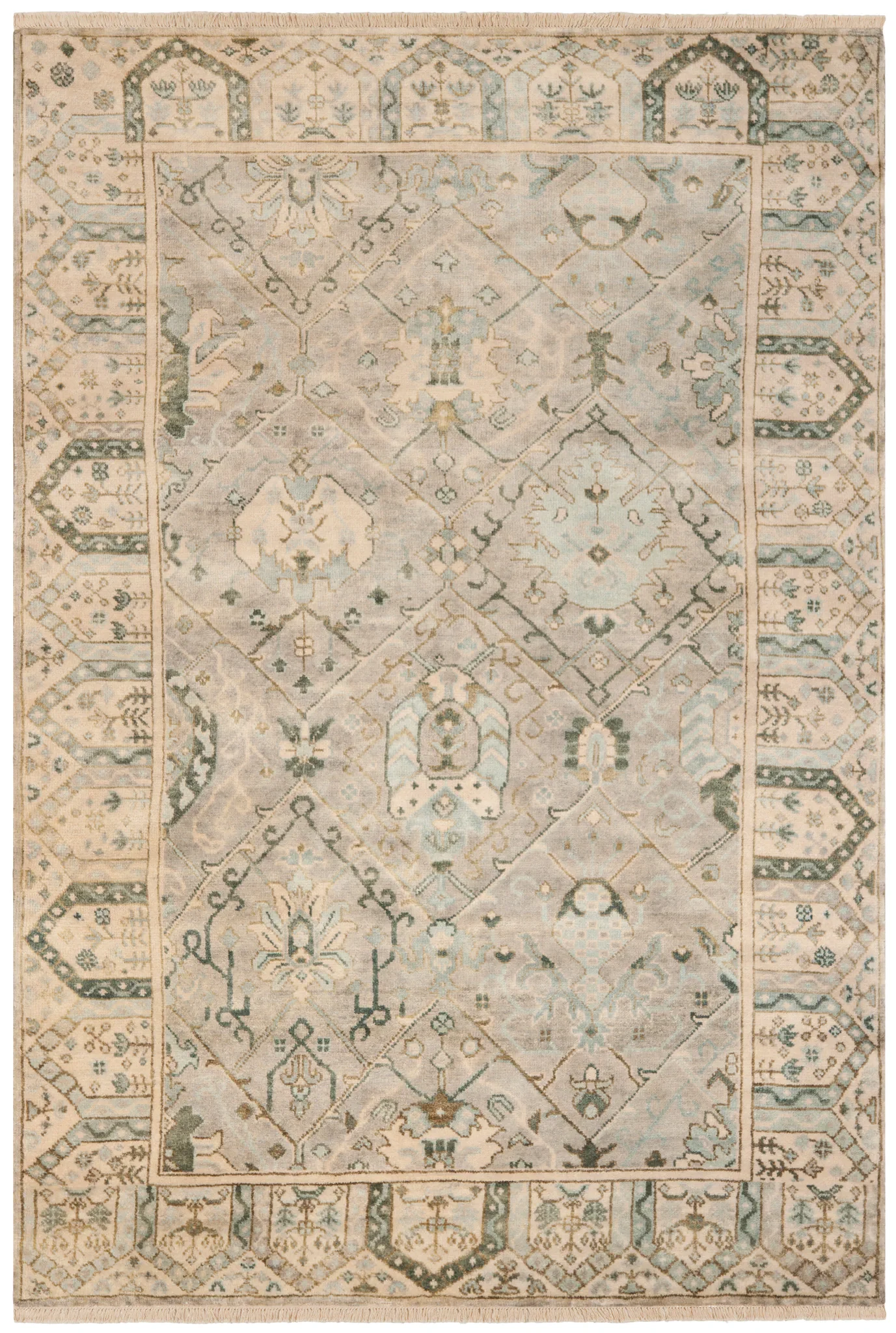 Oushak Diamond Lattice Hand-Knotted Wool Rug in Gray / Ivory