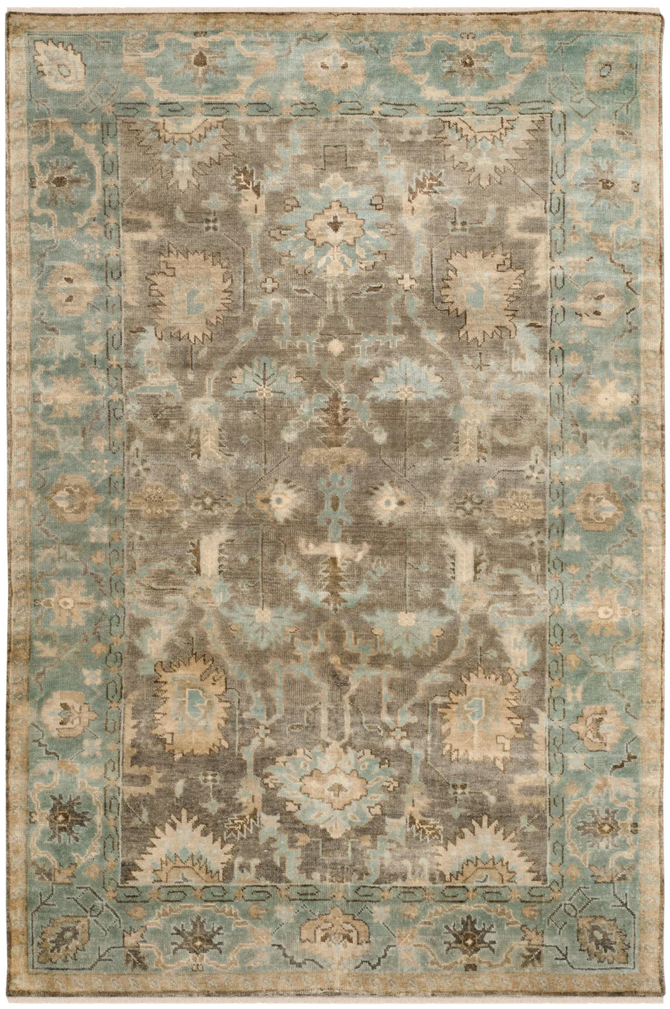 Oushak Tribal Floral Hand-Knotted Wool Rug in Brown / Blue