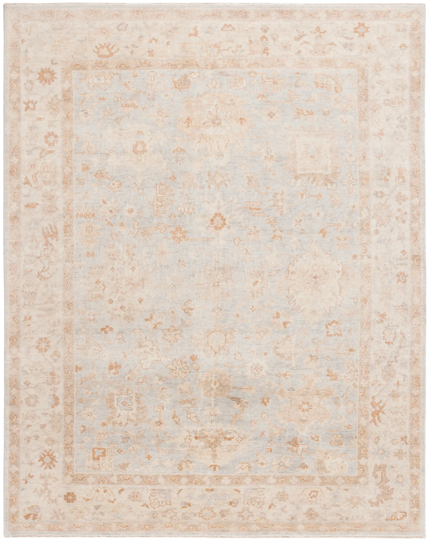 Oushak Allover Palmette Hand-Knotted Wool Rug in Light Blue / Beige