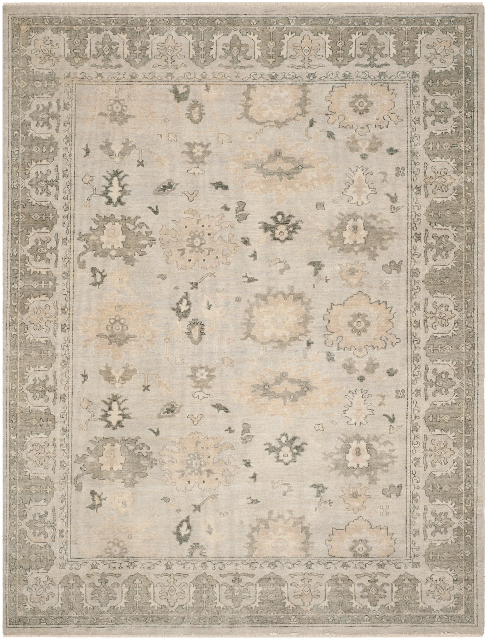 Oushak Scattered Floral Border Hand-Knotted Wool Rug in Silver / Gray