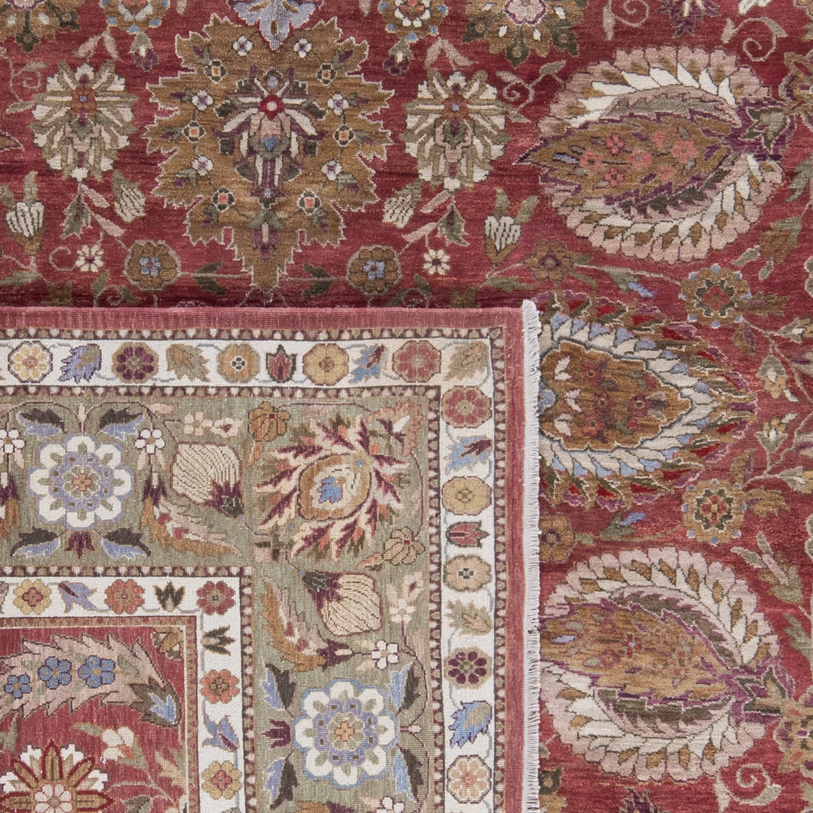 Old World Palmette Leaf Bordered Wool Rug in Copper / Green