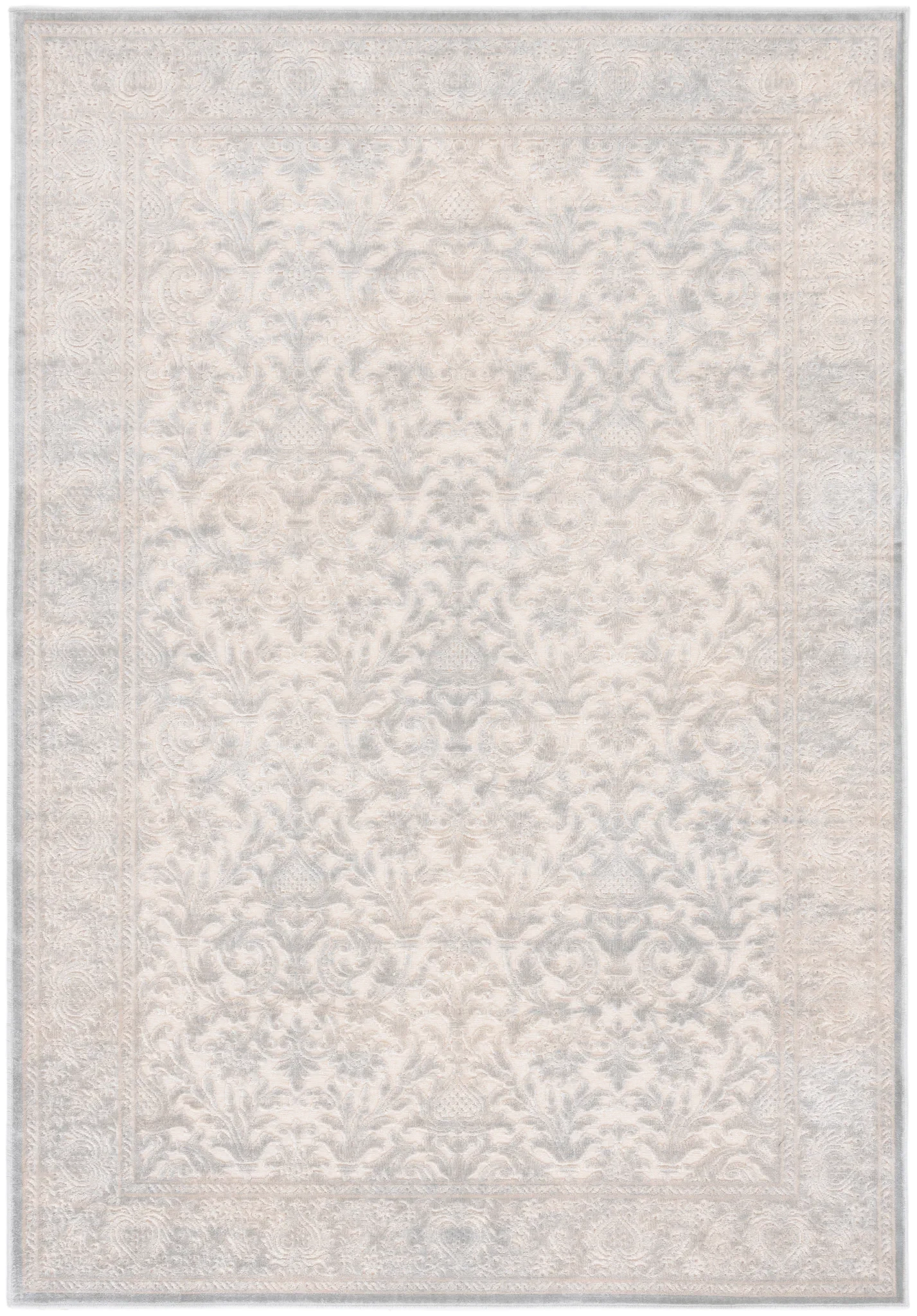 Paradise Damask Bordered Rug in Cream / Slate Blue