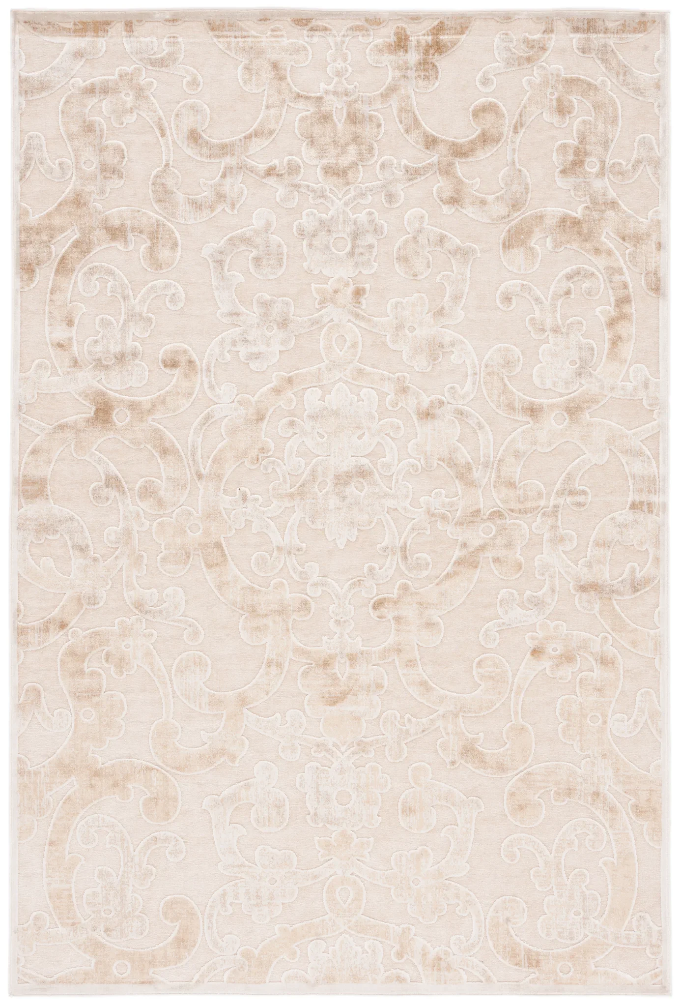 Paradise Scrolling Vine Viscose Rug in Stone / Cream