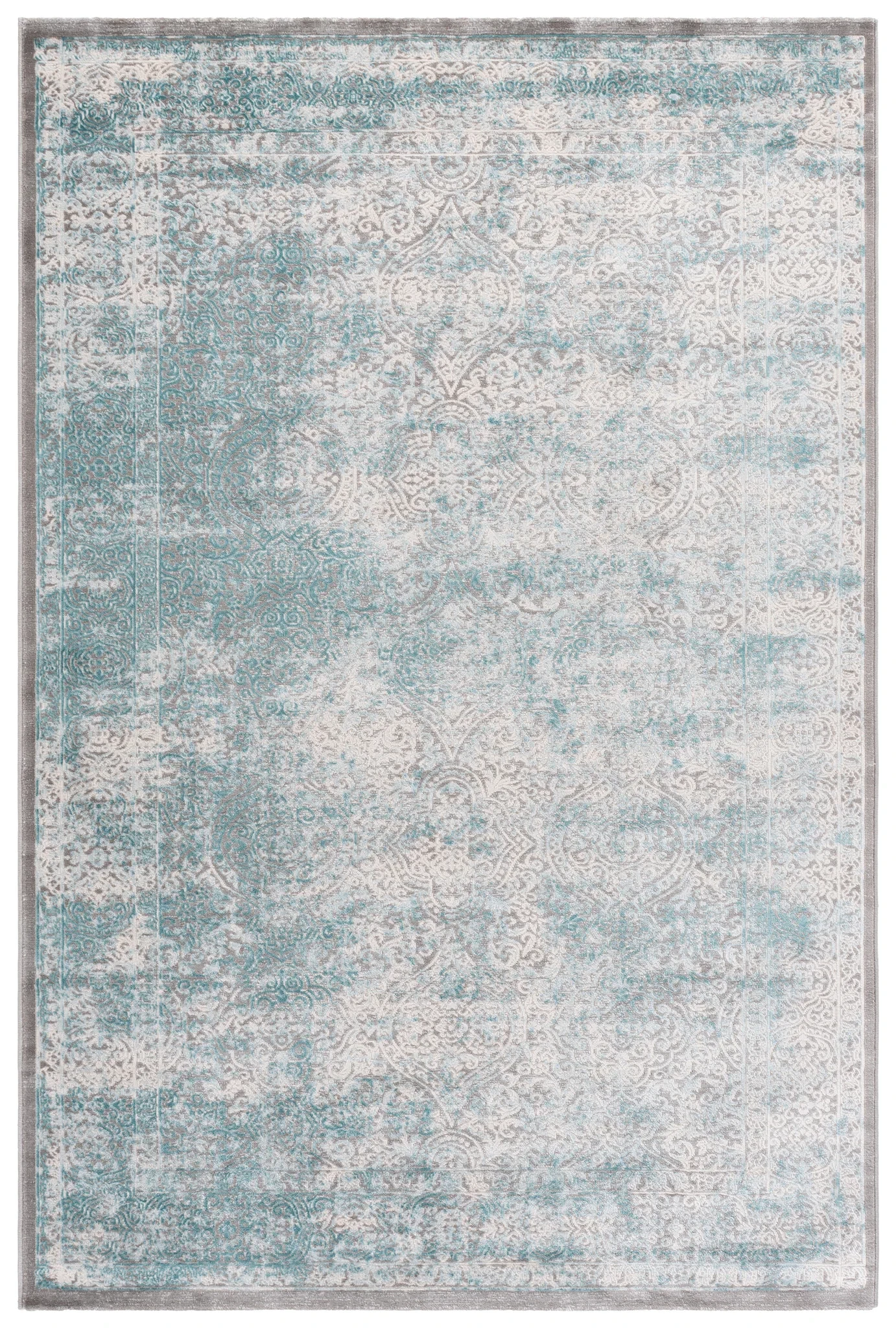 Passion Distressed Floral Bordered Rug in Turquoise / Ivory