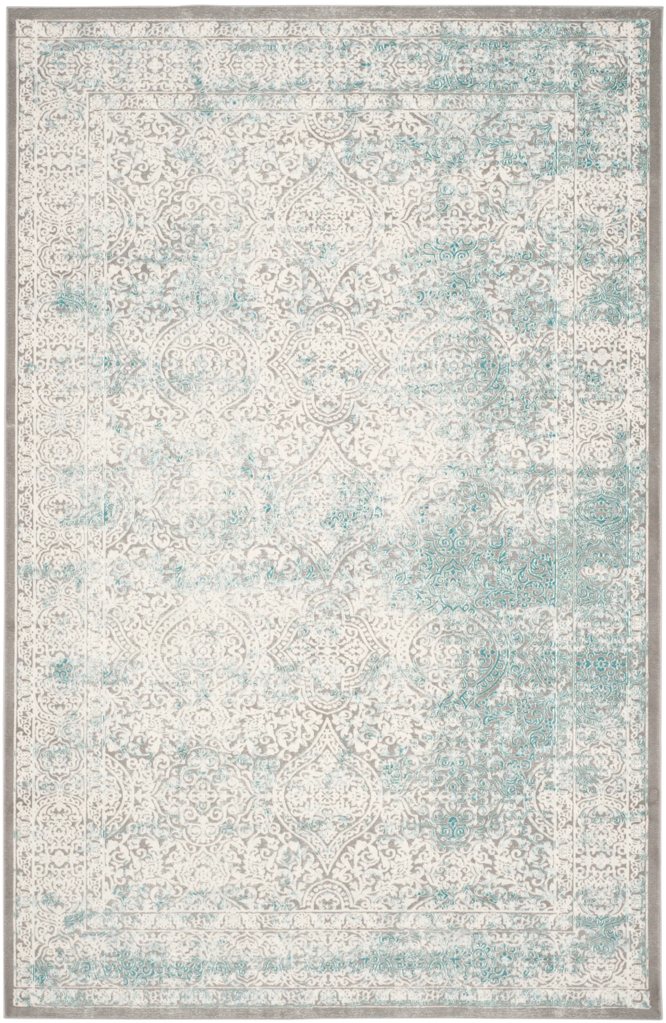 Passion Distressed Floral Bordered Rug in Turquoise / Ivory
