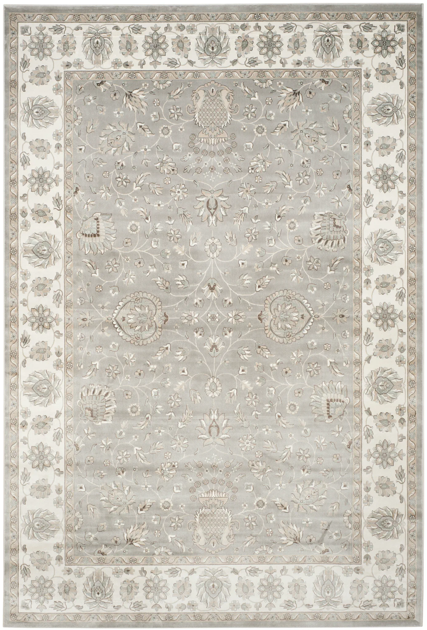 Persian Garden Floral Vine Viscose Rug in Silver / Ivory