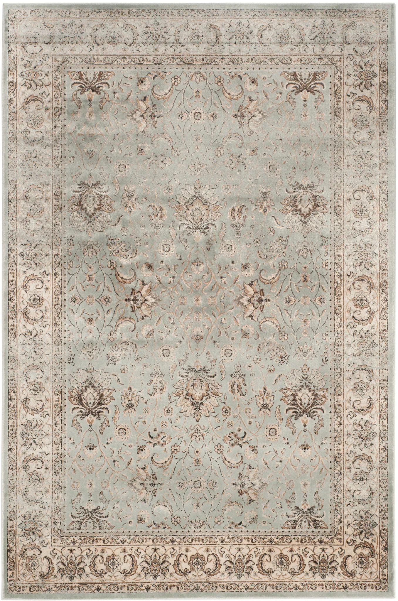 Persian Garden Vintage Floral Bordered Viscose Rug in Light Blue / Ivory