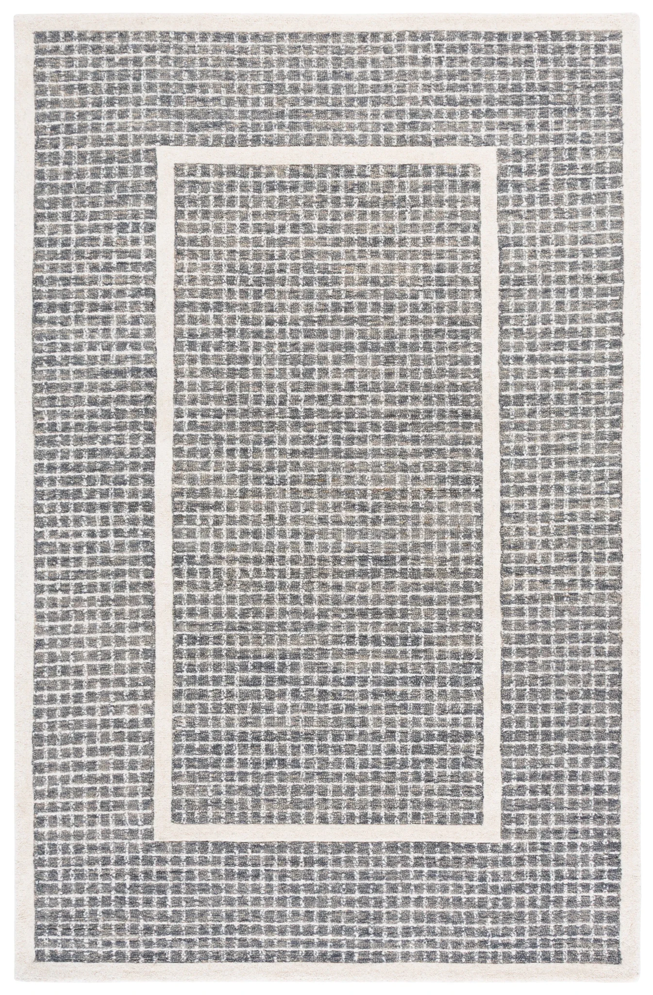 Pine Bordered Grid Hand-Tufted Wool Rug in Gray / Ivory