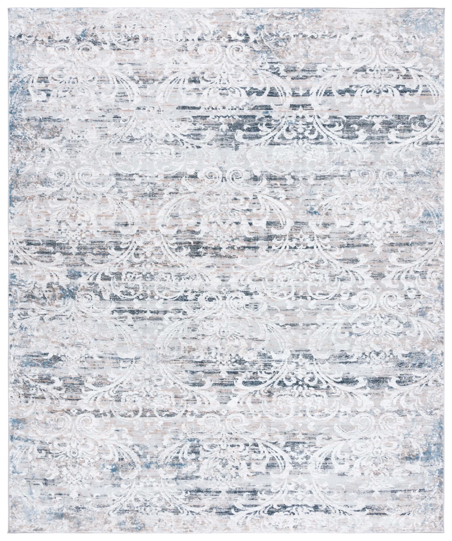Parker Transitional Vintaged Damask Rug in Taupe / Ivory Gray