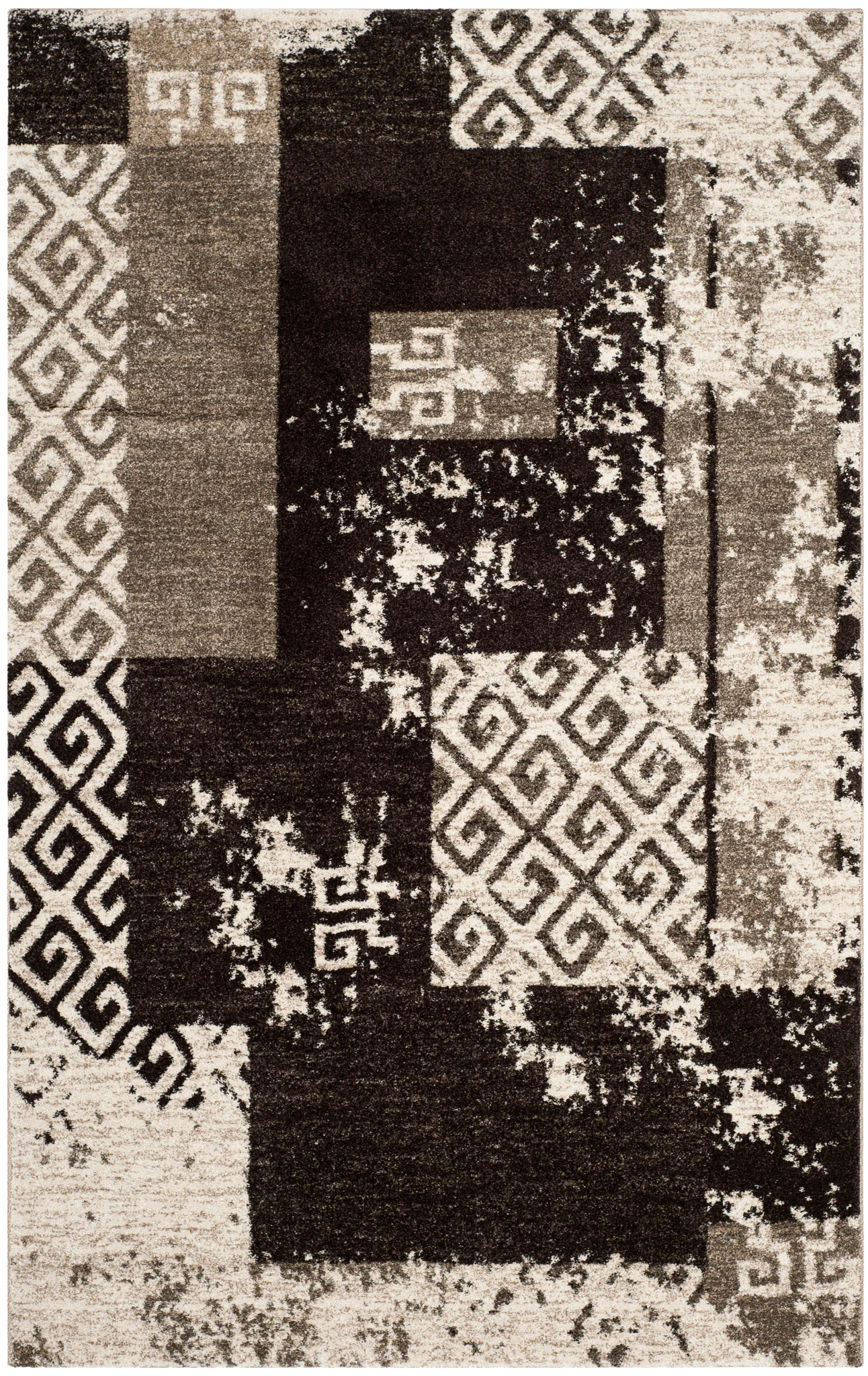 Retro Modern Patchwork Geometric Rug in Cream / Brown