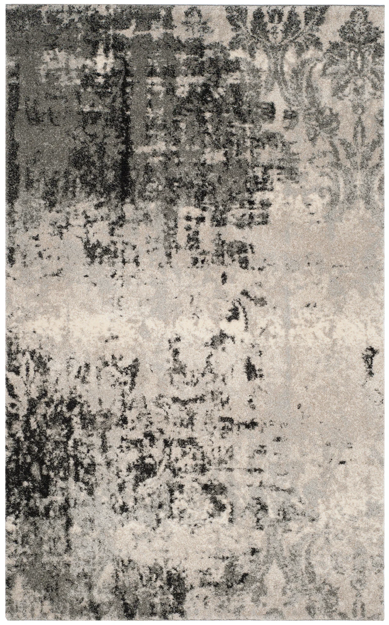 Retro Modern Distressed Damask Rug in Light Gray / Gray