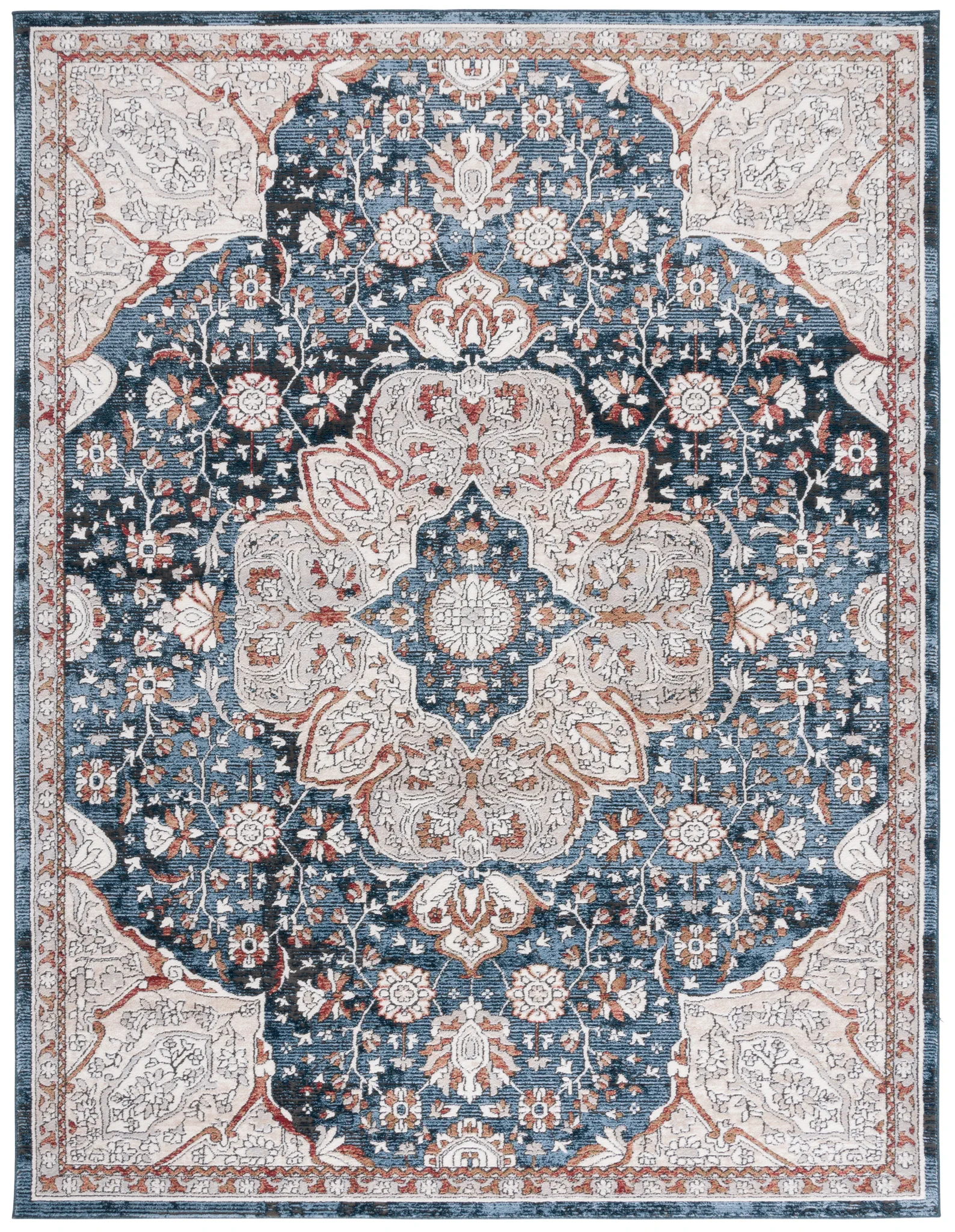 Rosewood Framed Medallion Rug in Ivory / Blue