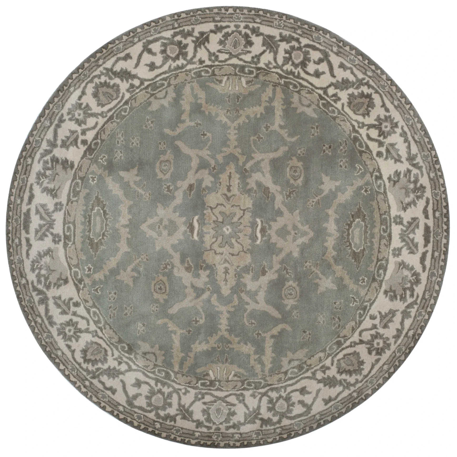 Royalty Palmette Bordered Hand-Tufted Wool Rug in Gray / Cream