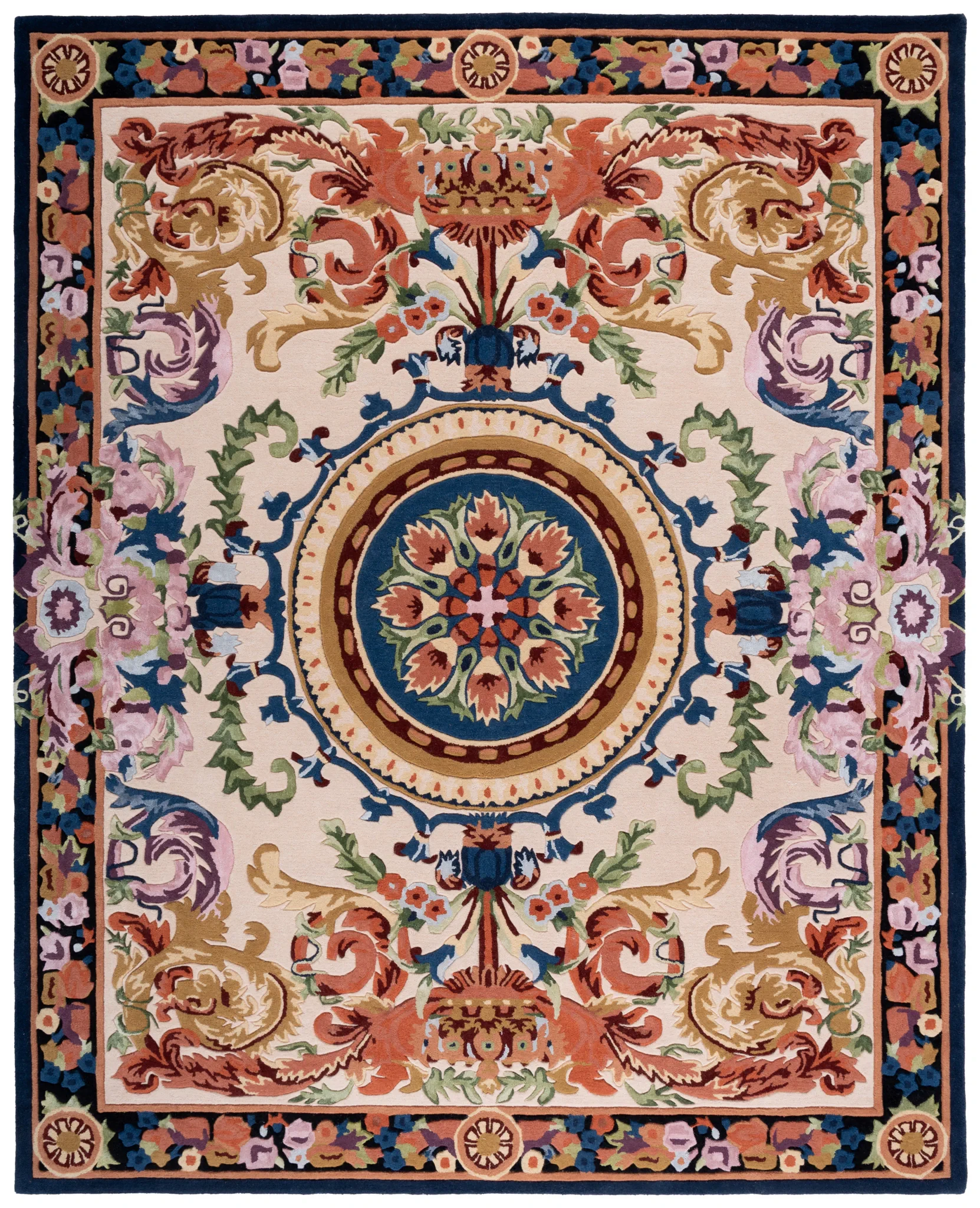 Savonnerie Scroll Medallion Hand-Tufted Rug in Ivory / Orange
