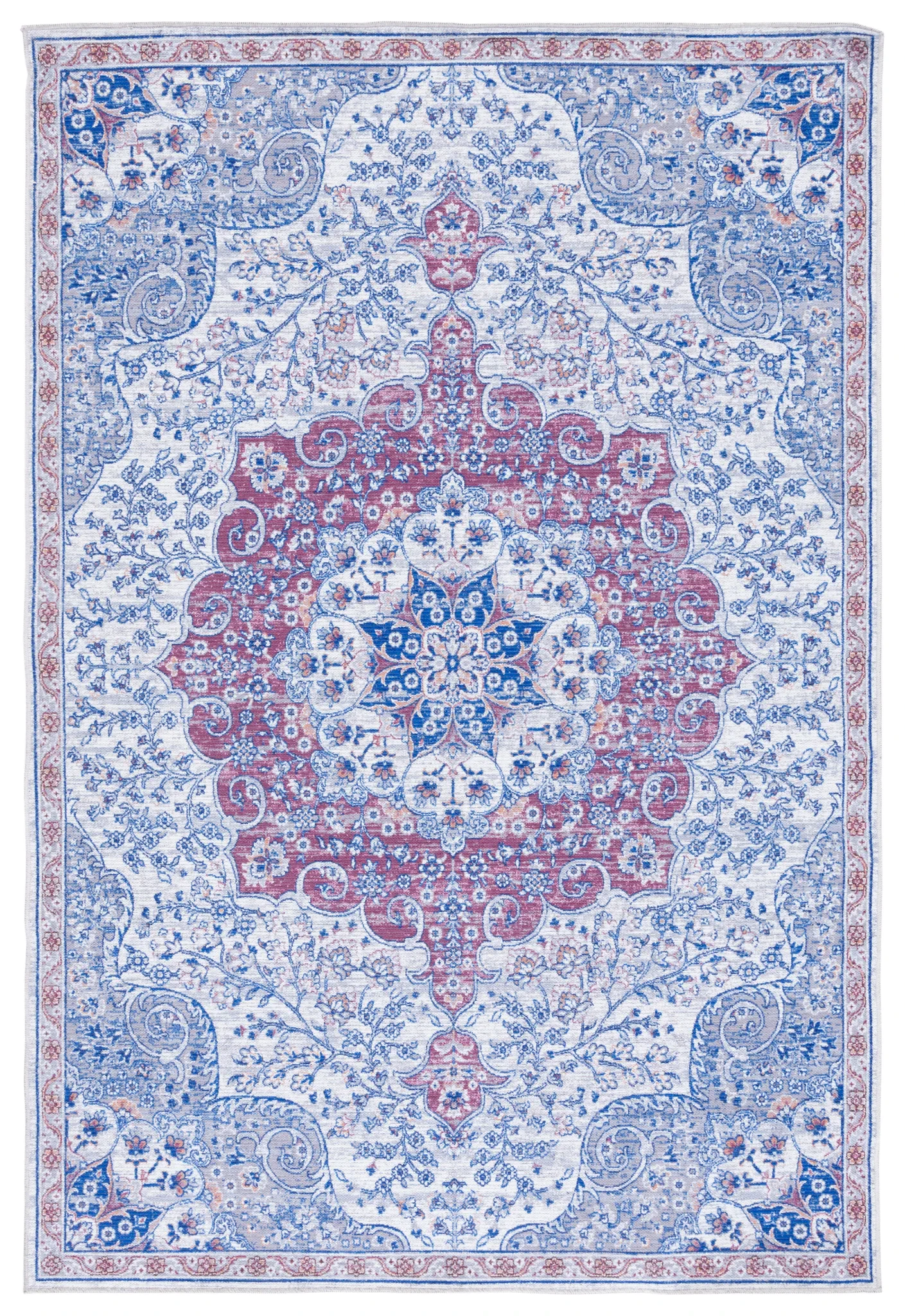 Serapi Arabesque Medallion Washable Rug in Ivory / Red