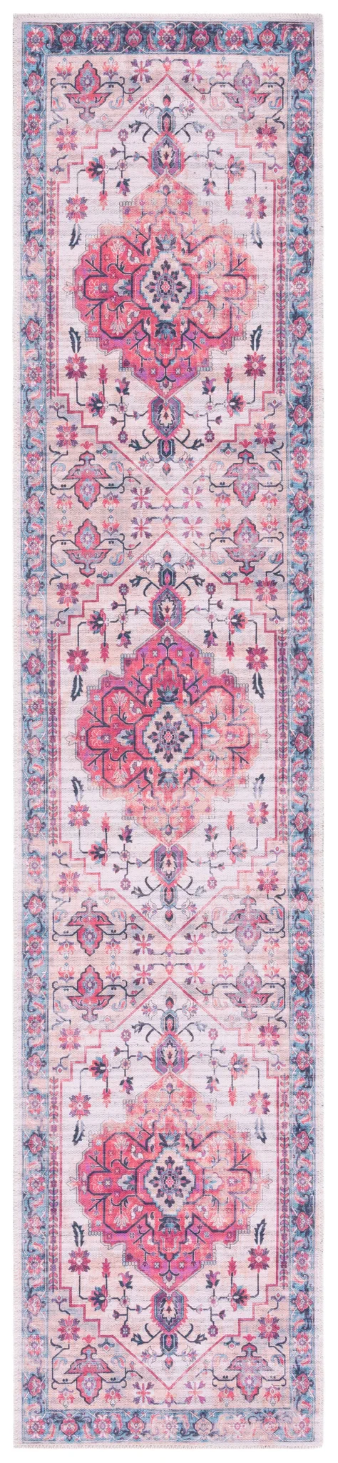 Serapi Round Medallion Washable Rug in Ivory / Light Blue