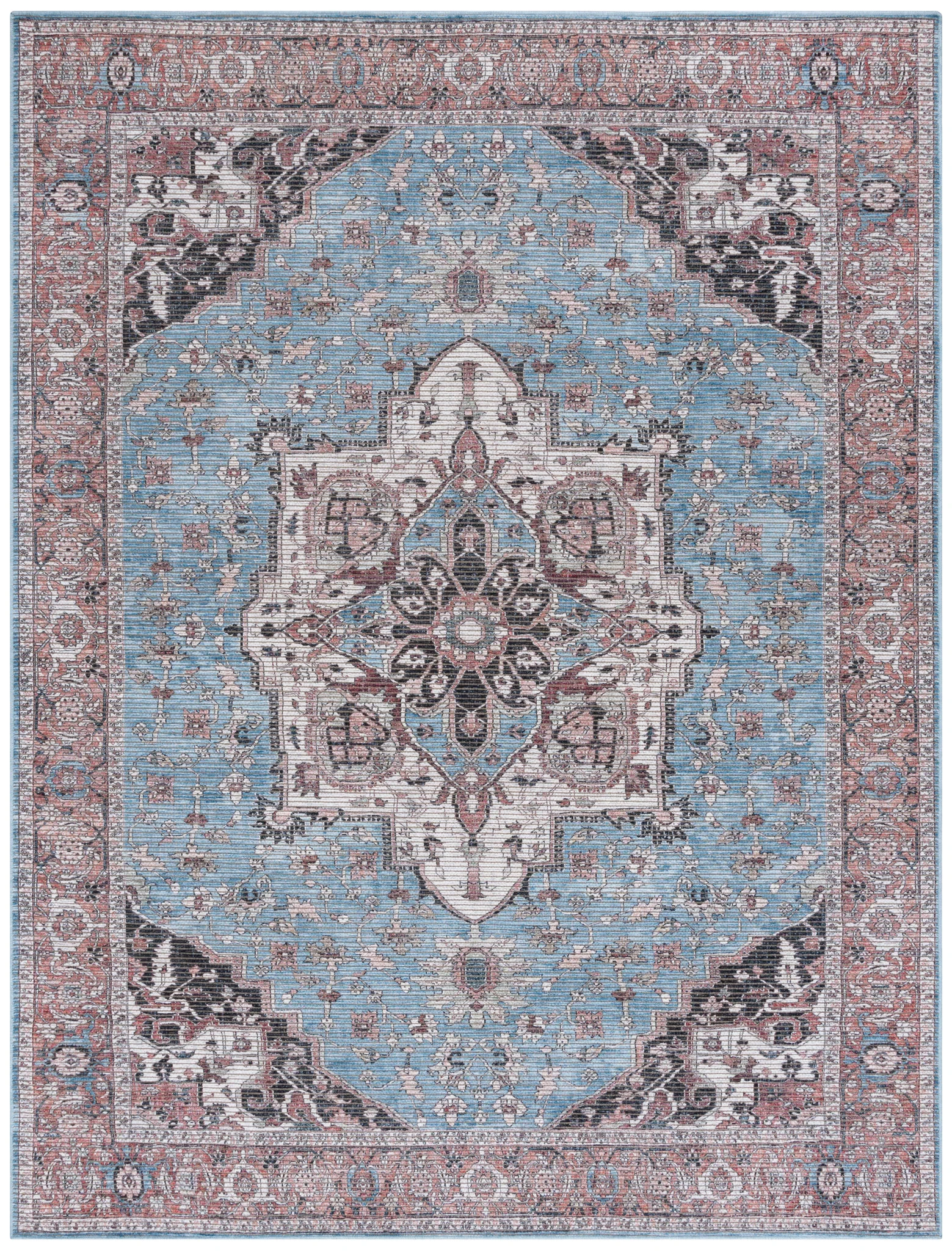 Serapi Framed Medallion Washable Rug in Blue / Rust