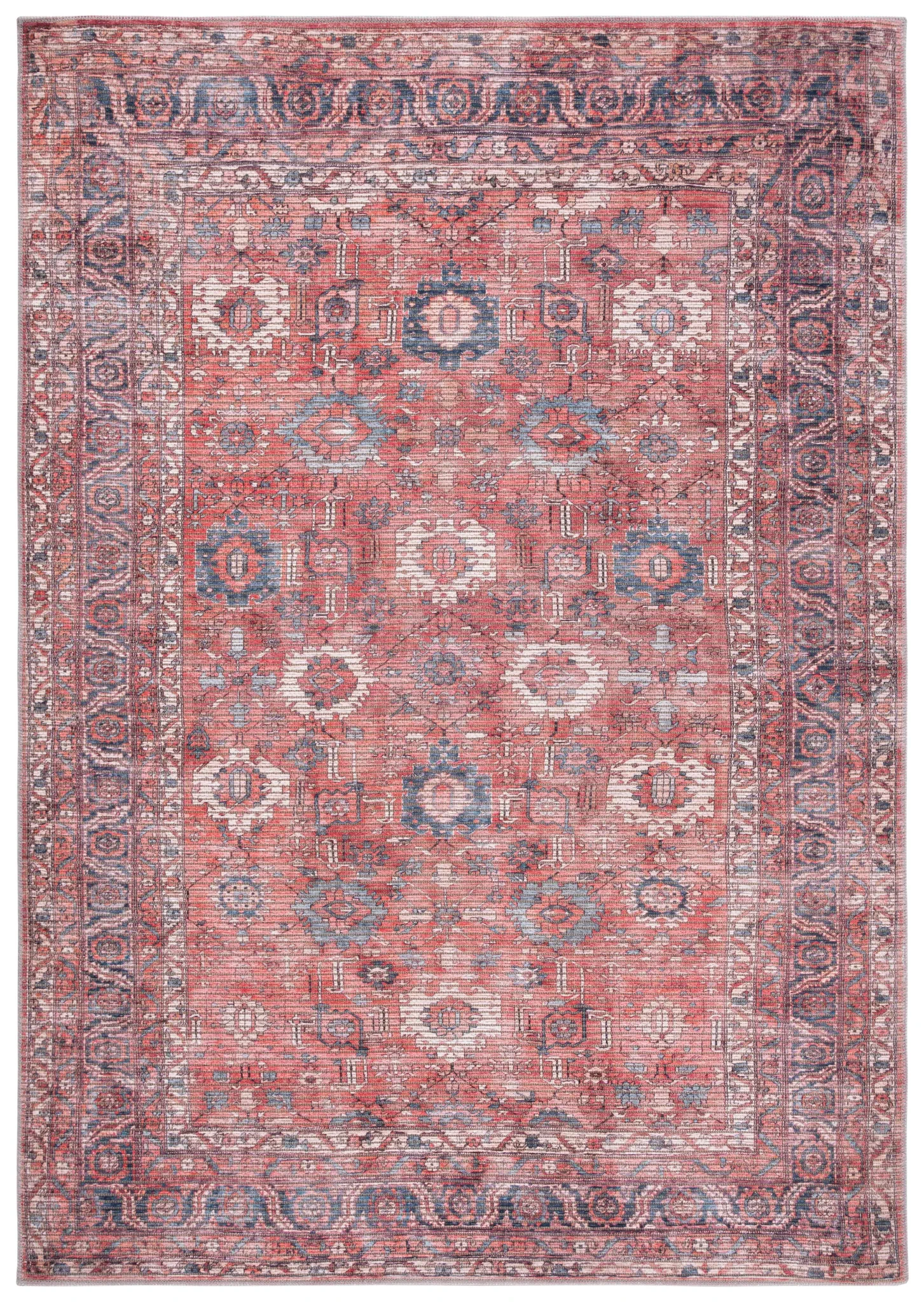 Serapi Distressed Geometric Washable Rug in Rust / Blue
