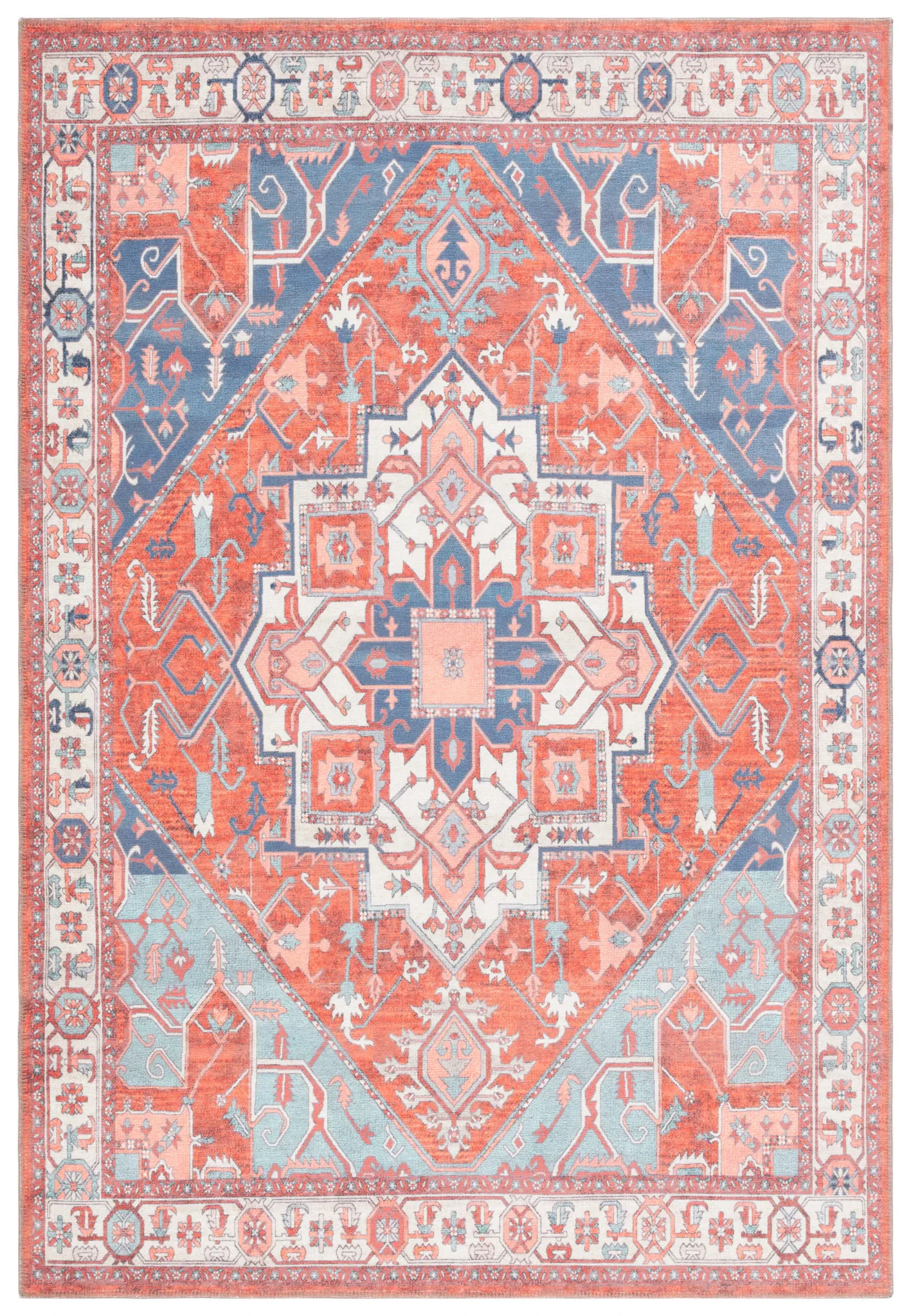 Serapi Geometric Medallion Washable Rug in Rust / Blue