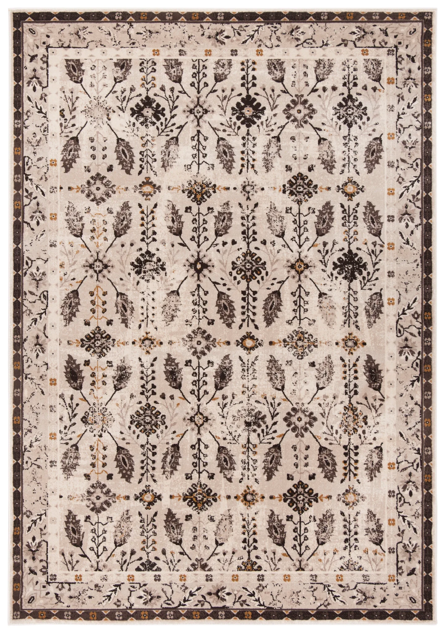 Serenity Botanical Grid Bordered Rug in Cream / Brown