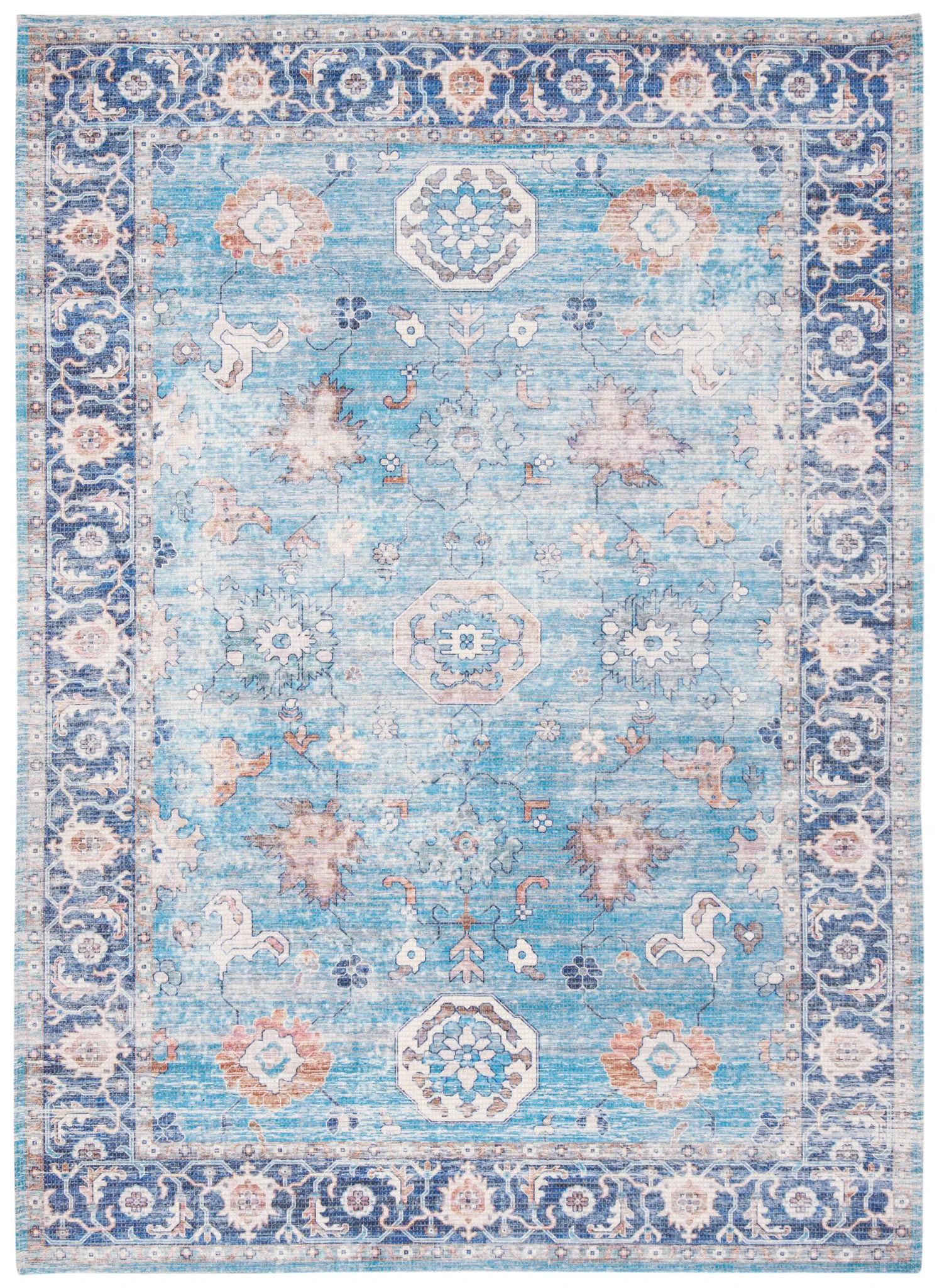 Saffron Medallion Bordered Rug in Aqua / Navy