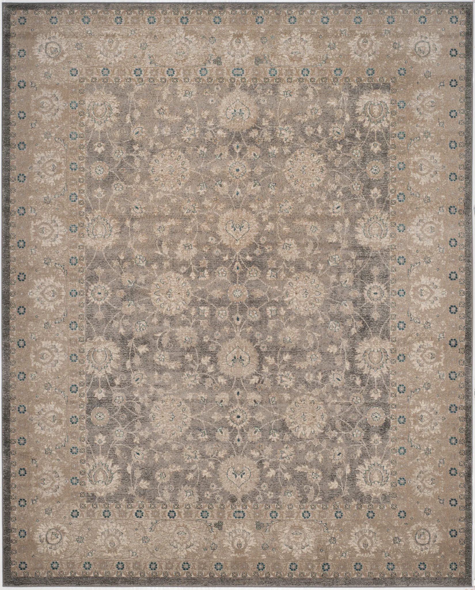 Sofia Allover Floral Bordered Rug in Light Gray / Beige